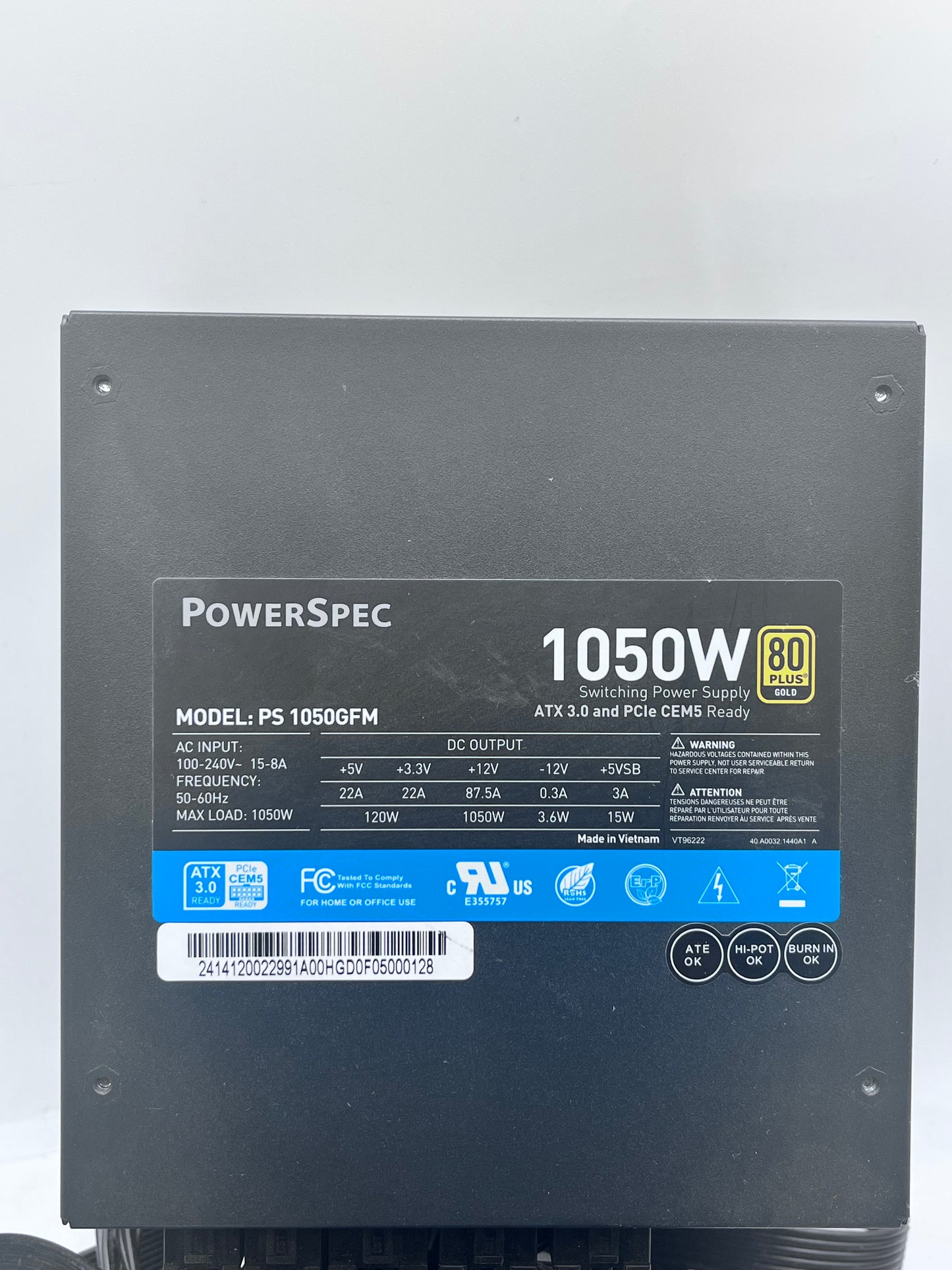 Power Spec 1050W Fully Modular Power Supply PS 1050GFM Black