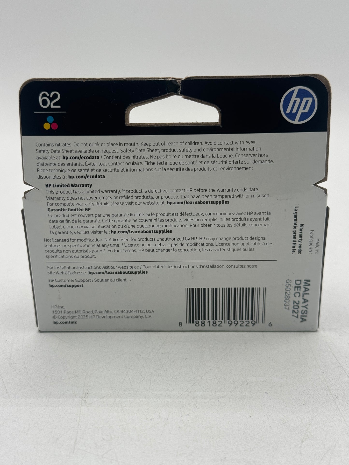 HP 62 Tricolor Printer Ink OEM Expiration DEC 2027 Free Shipping