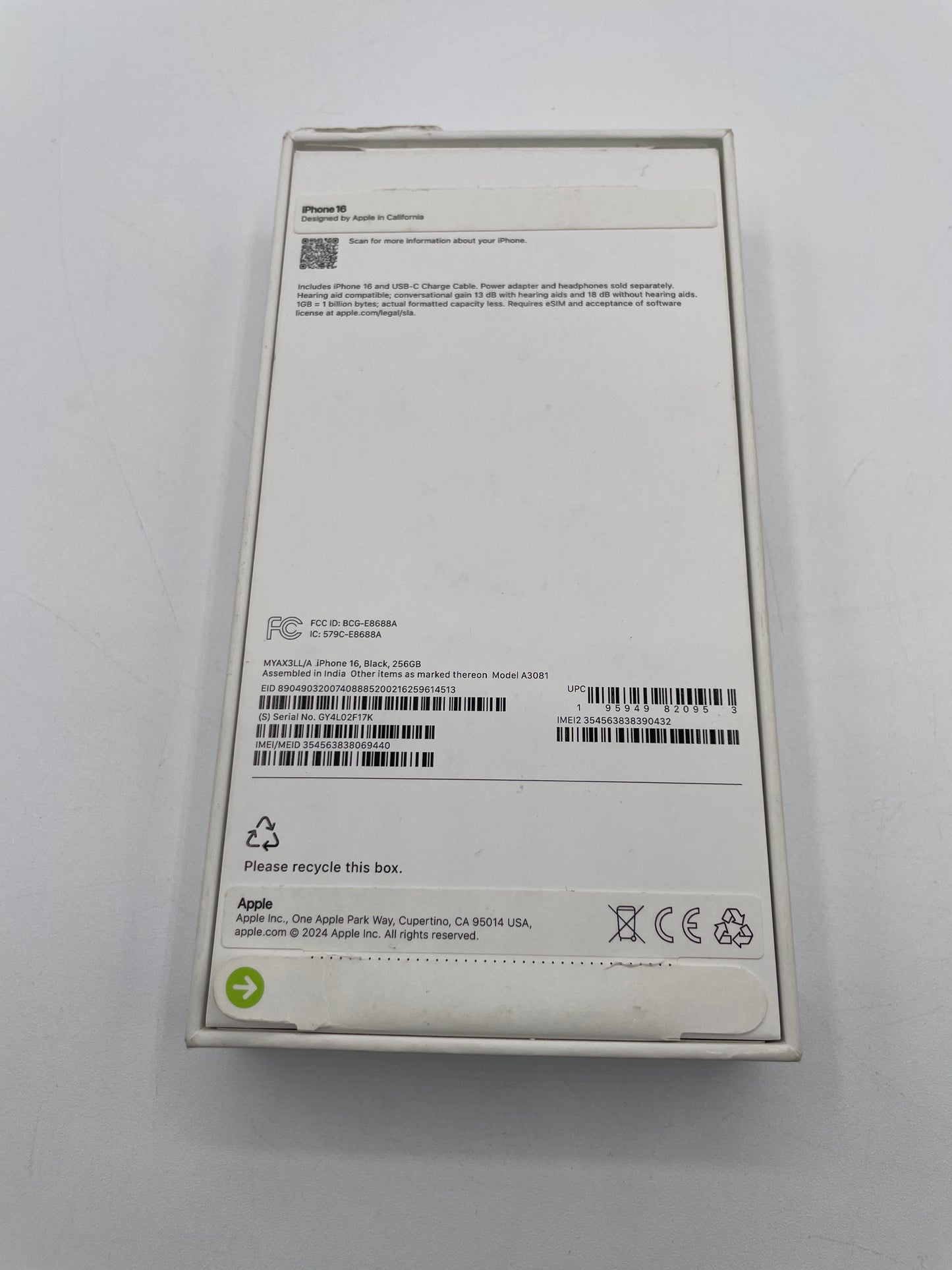 Unlocked Apple iPhone 16 6.1" 256GB A3081 MYAX3LL/A 100% Battery Health Black