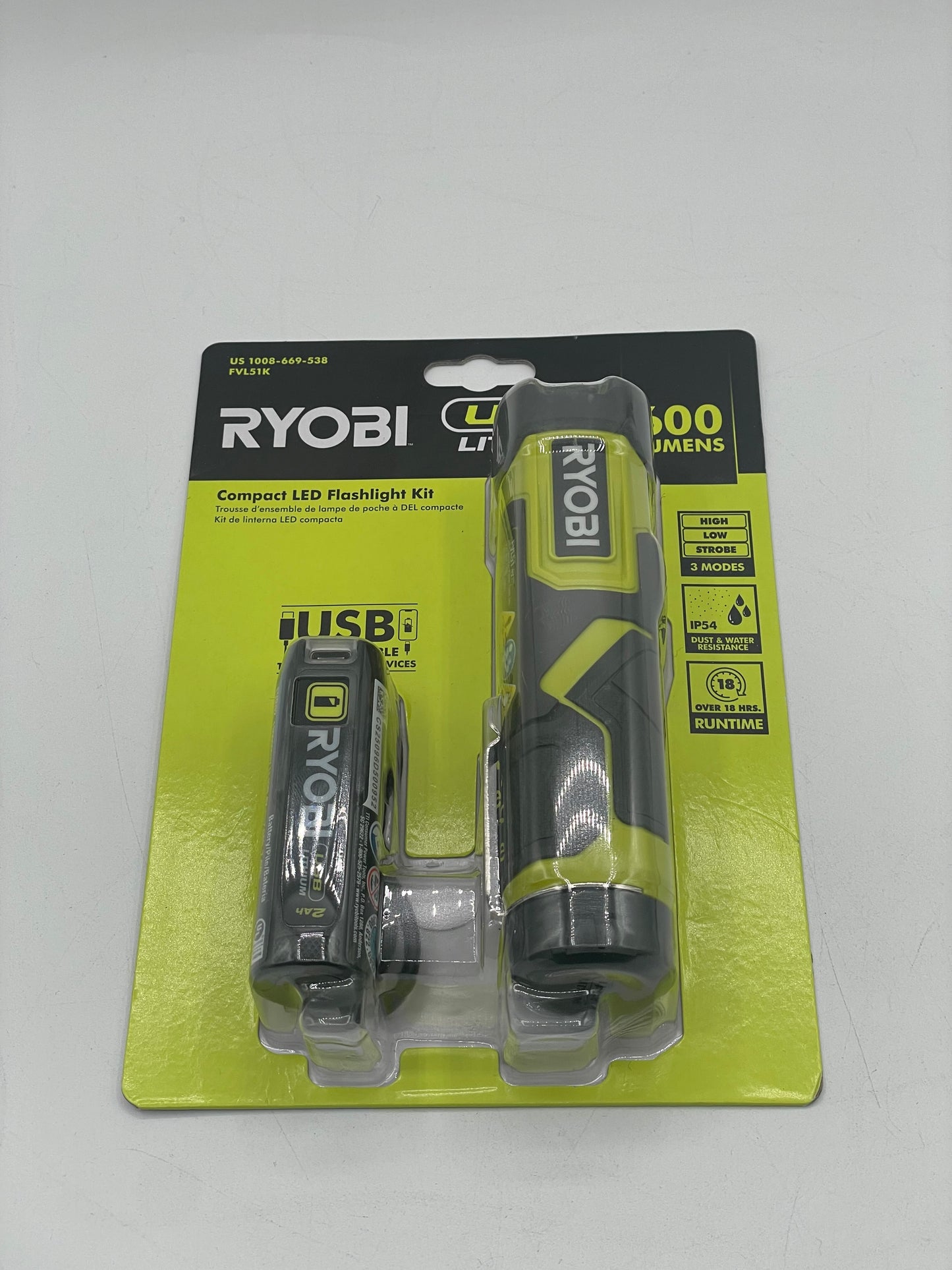 Ryobi RYOBI USB Lithium Rechargeable Compact LED Flashlight Kit 600 Lumens