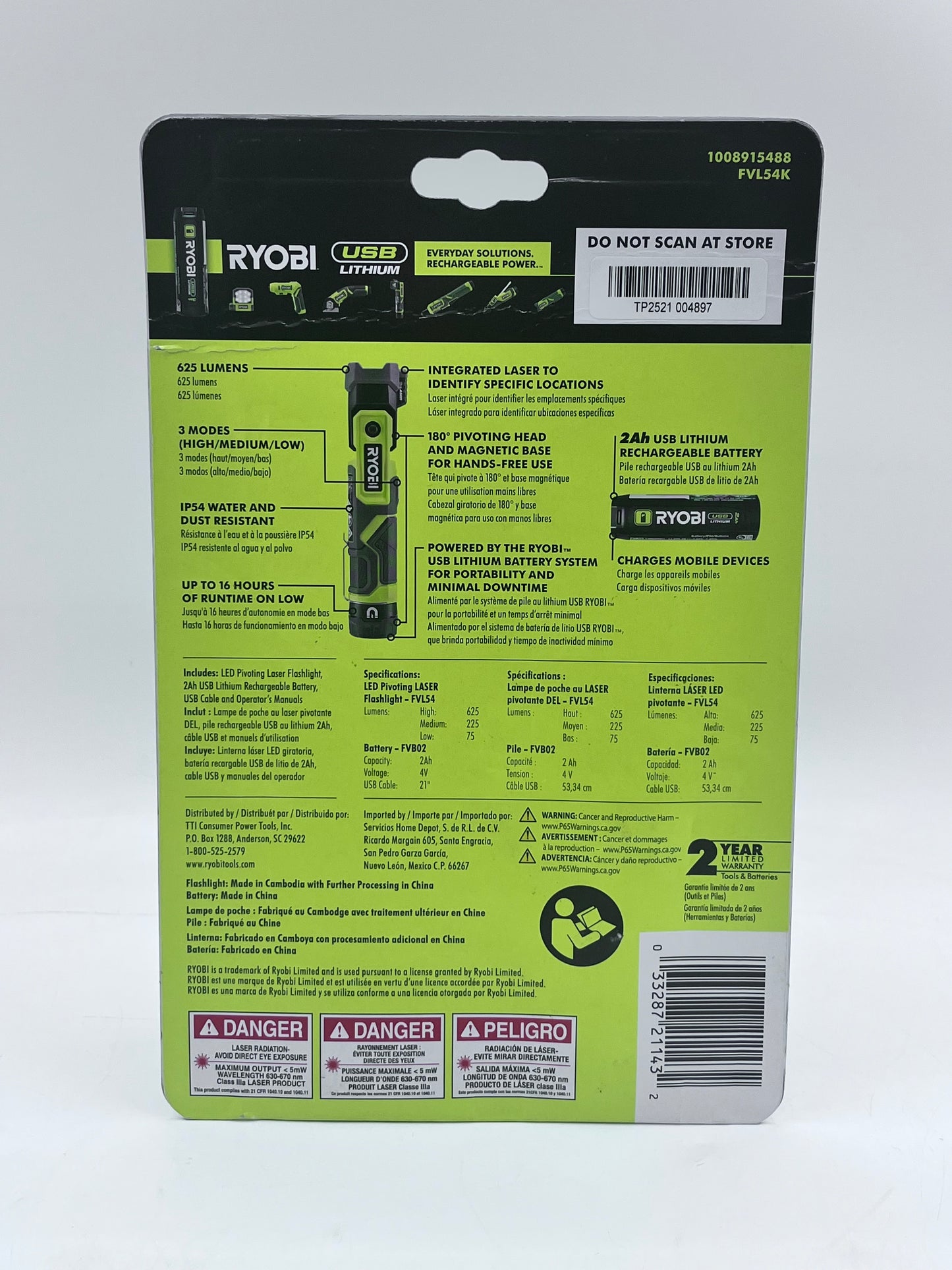 RYOBI USB Lithium Compact LED Flashlight FVL51K w/2 Ah Battery & Charging cable
