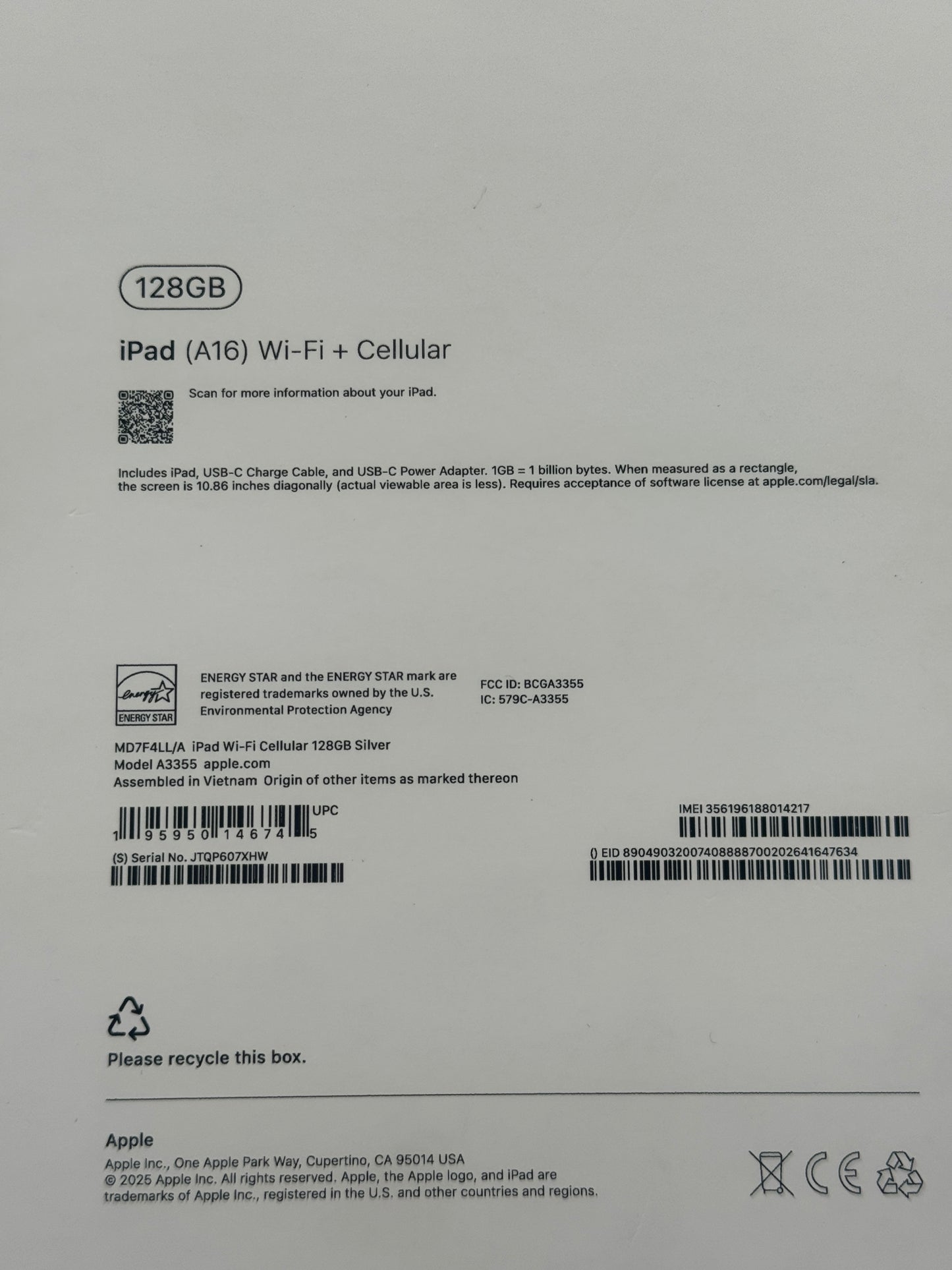 Apple iPad 11-inch (A16) A3355 MD7F4LL/A 128GB Wi-Fi +5G Cellular- New Sealed