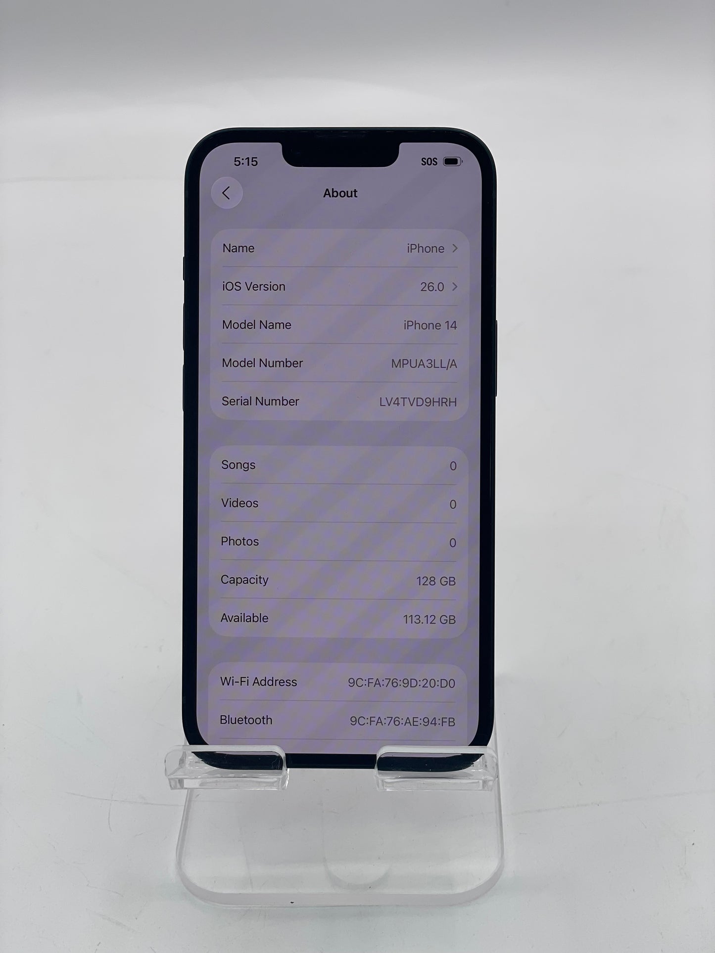 Unlocked Apple iPhone 14 - 128GB A2649 MPUA3LL/A - Midnight 100% BH