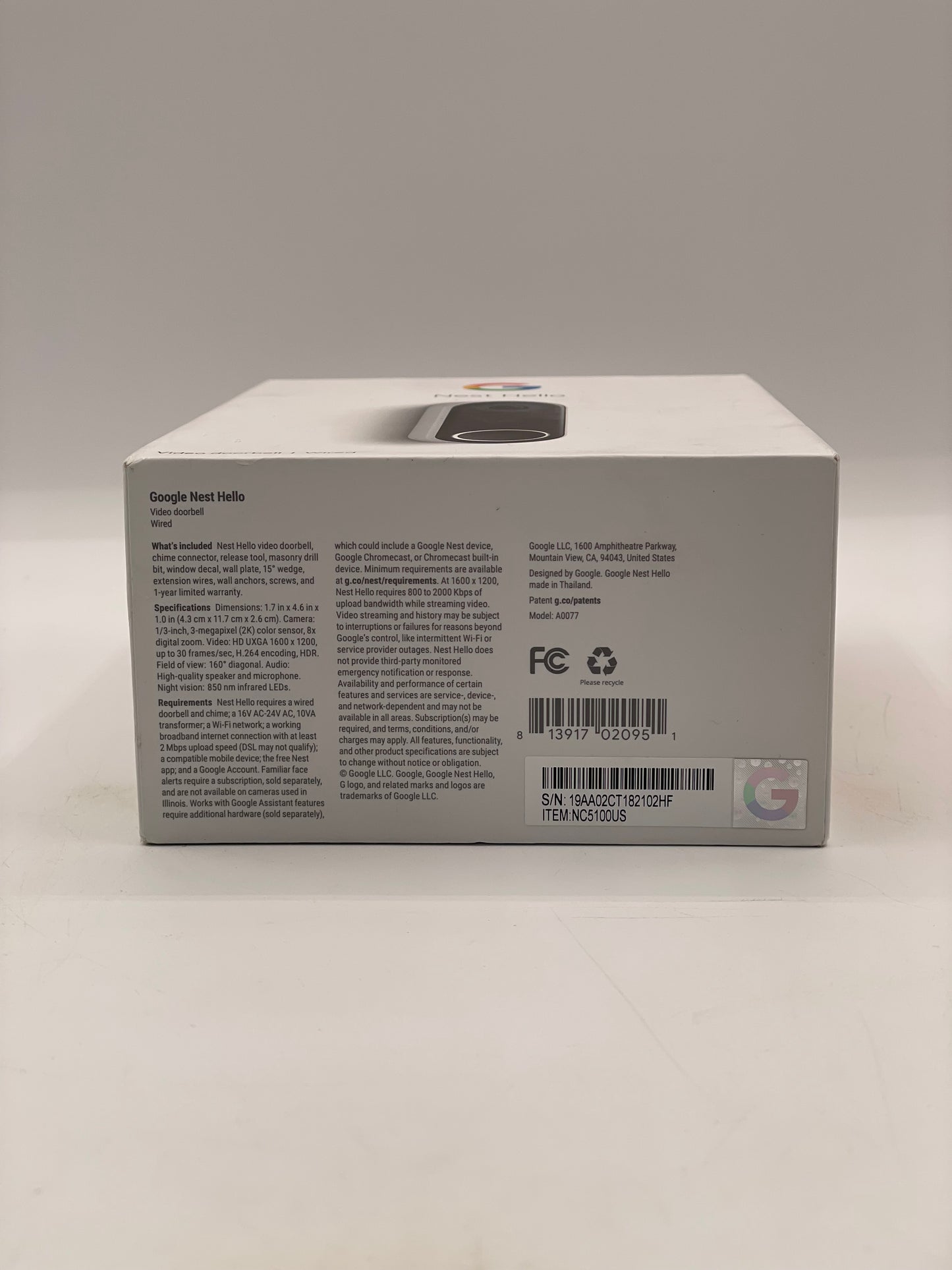 Google Nest Hello Smart Wi-Fi Video Doorbell (NC5100US)  Used with Box Good Condition