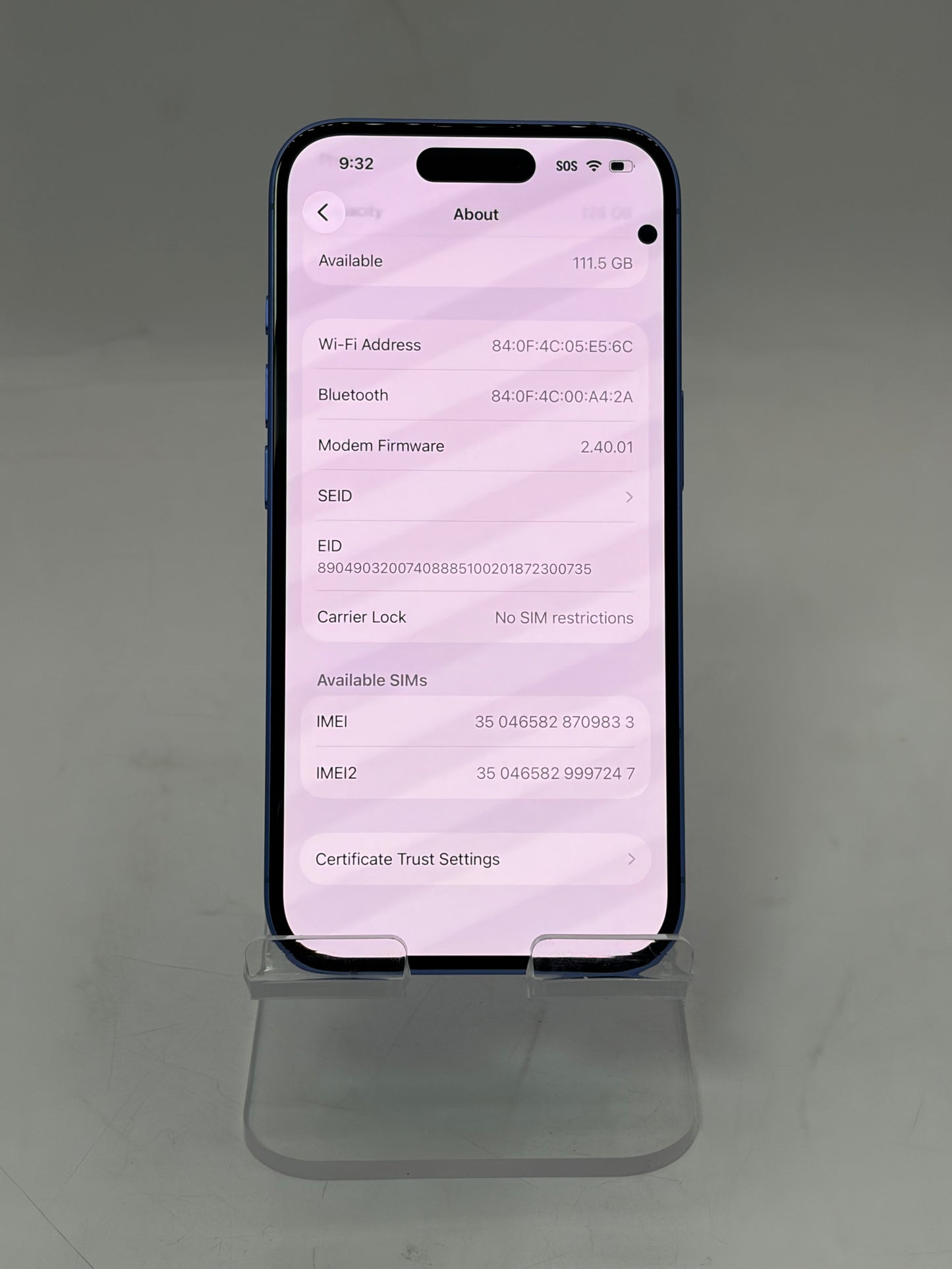 Unlocked Apple iPhone 16 128GB A3081 MYAT3LL/A - Blue 97% Battery CRACKED BACK