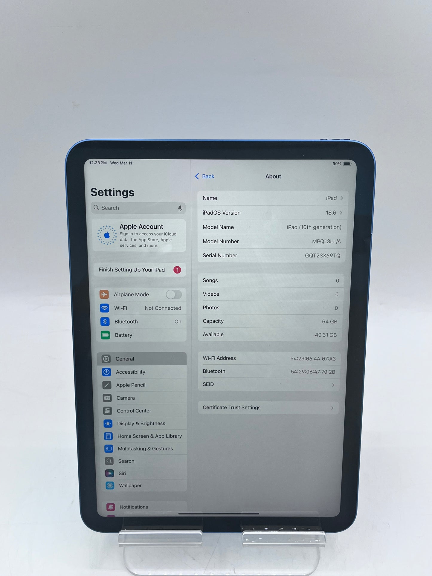 Apple iPad (10th Gen) A2696 MPQ13LL/A (2022) 64GB WiFi - Blue