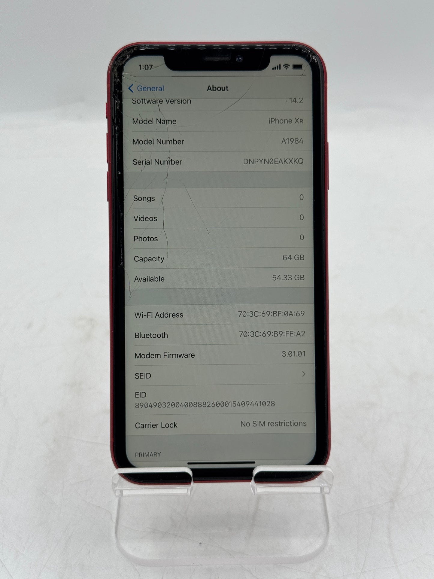 Unlocked Apple iPhone XR 64GB A1984 MT2G2LL/A Red 88% Battery Health