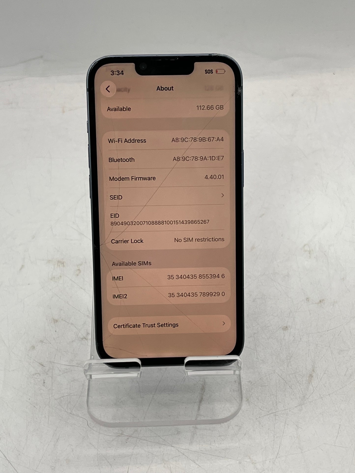 Unlocked Apple iPhone 14 MPVH3LL/A A2649 128GB Blue READ 88% BATT