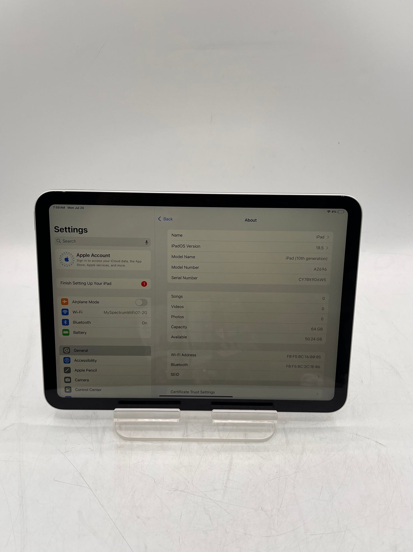 2022 Apple iPad 10th Gen A2696 MPQ03LL/A 64GB Wi‑Fi Only Tablet - Silver