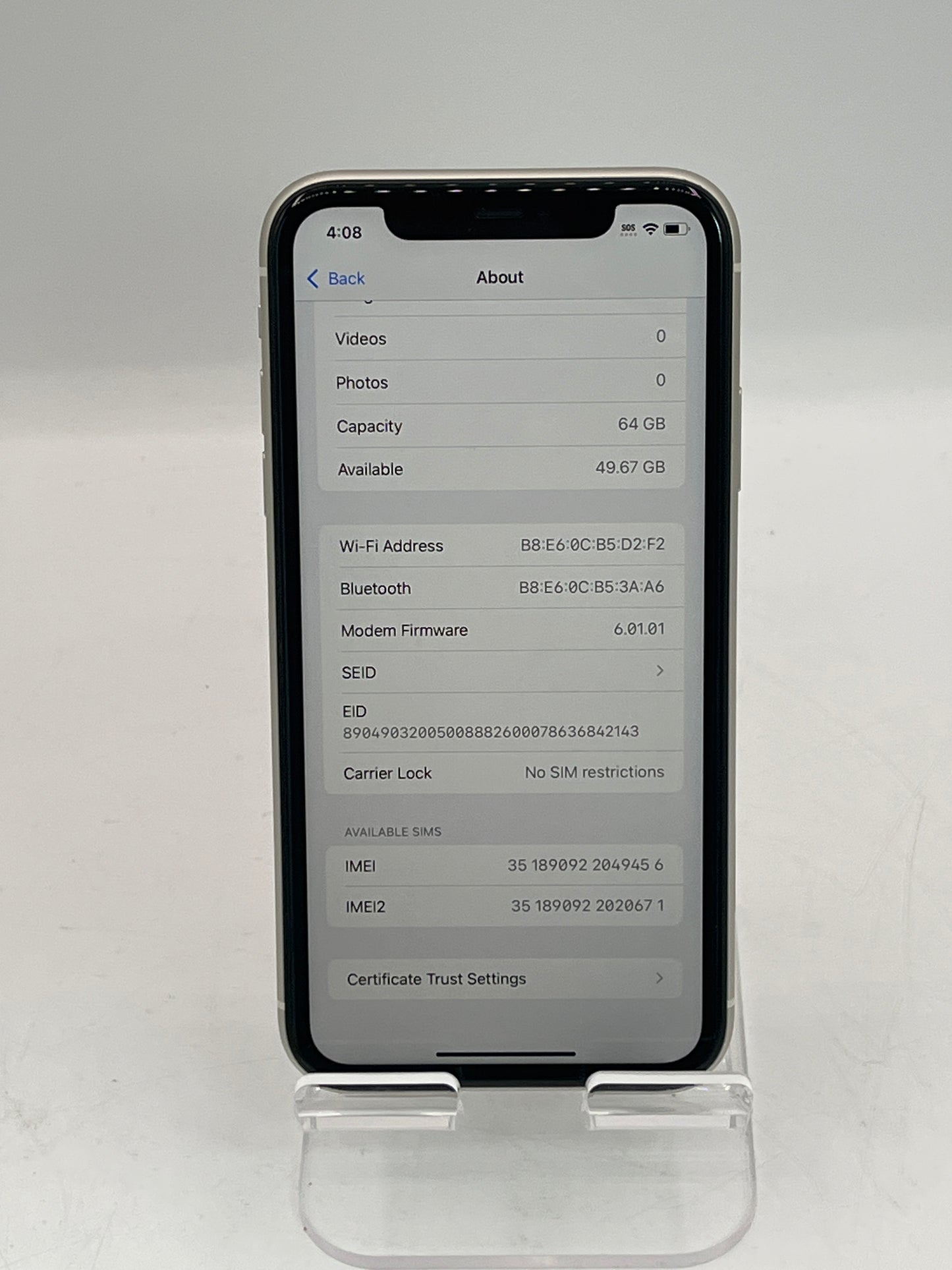 Unlocked Apple iPhone 11 64 GB A2111 MHC53LL/A White 97% Battery