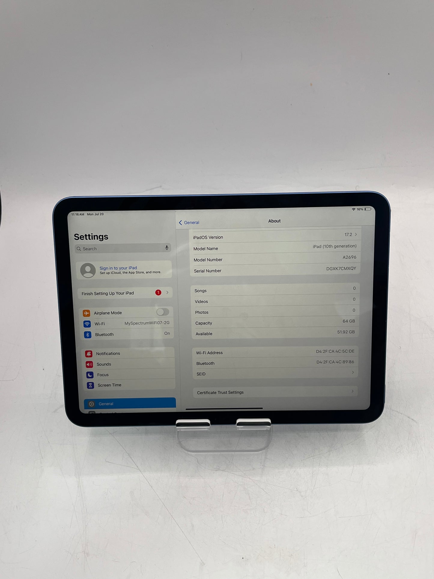 2022 Apple iPad 10th Gen A2696 64GB Wi‑Fi Only Tablet - Blue