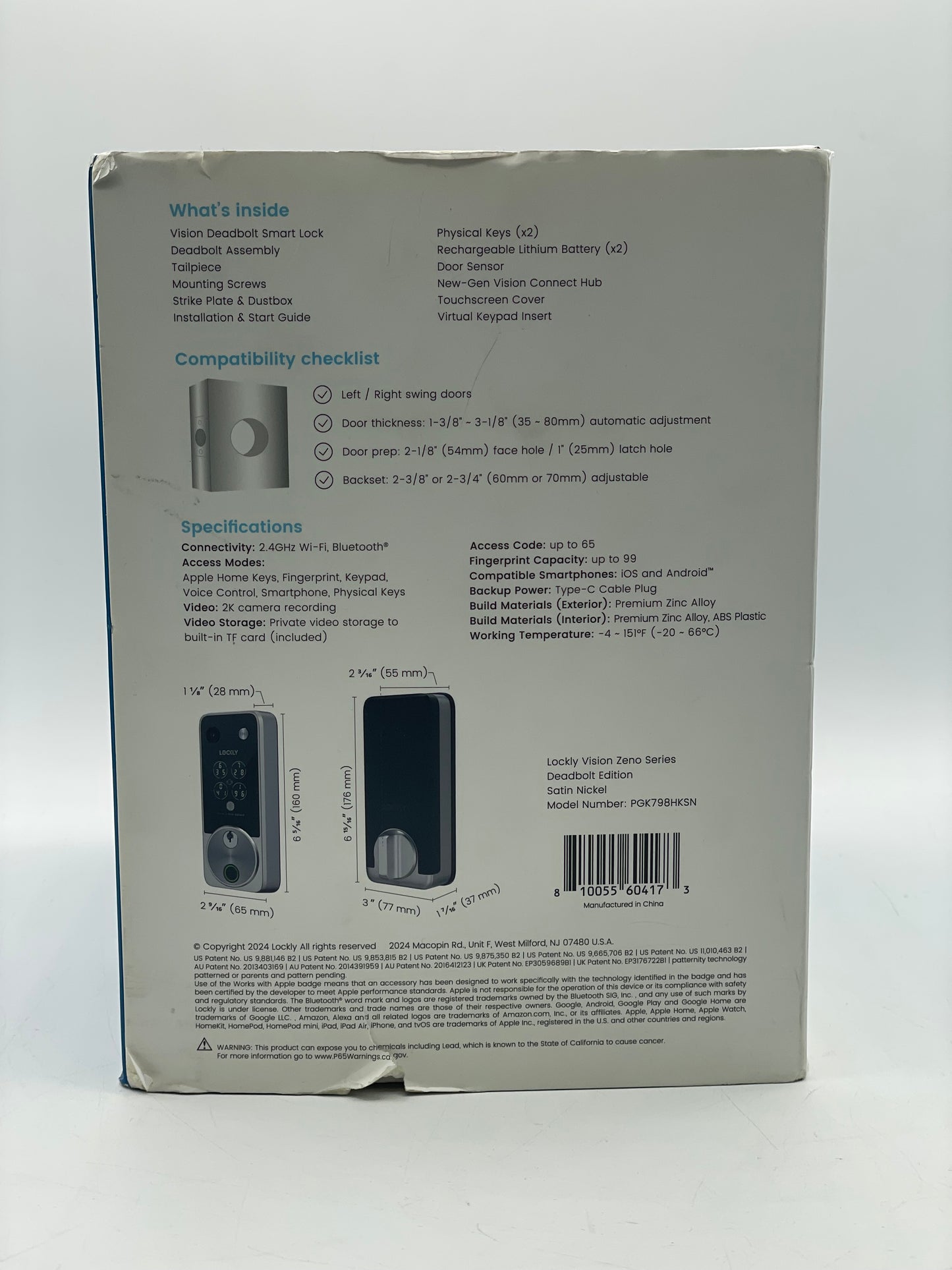 Lockly Vision Zeno Series Video Smart Lock Satin Nickel Free Shipping