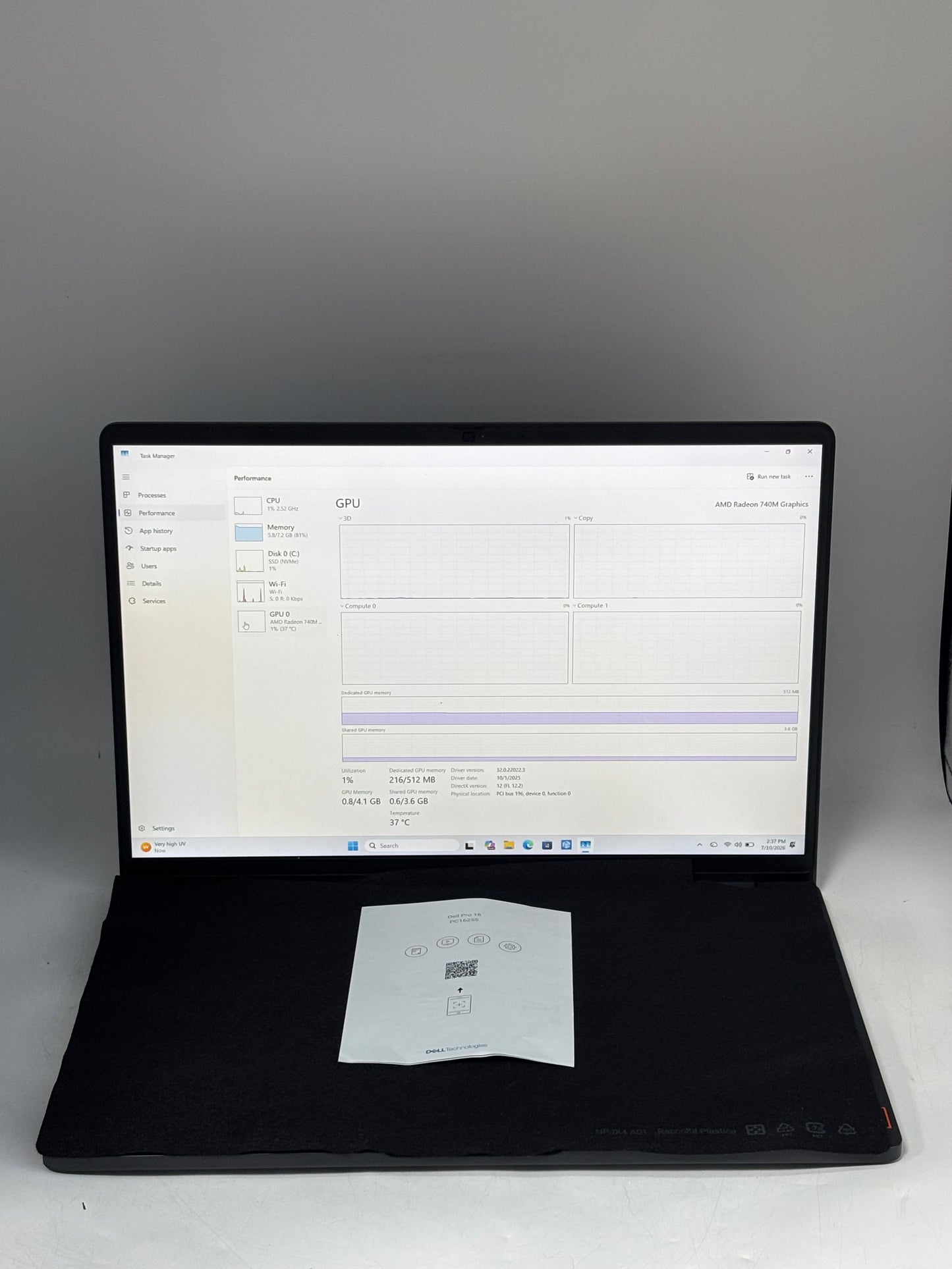 Dell Pro 16 PC16255 AMD Ryzen 5 220 8GB 256GB SSD Black Excellent Condition