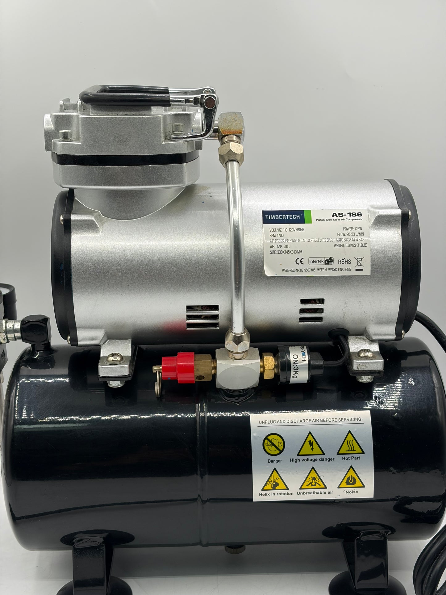Timbertech AS-186 Piston Type 125W High-Performance Airbrush Compressor