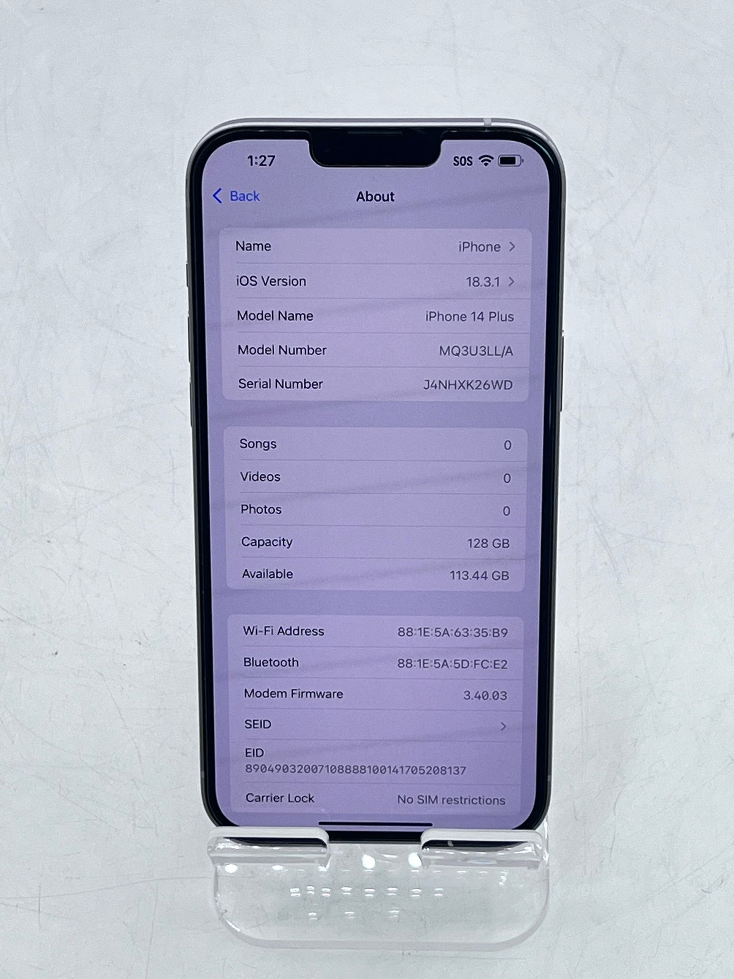 Used Apple iPhone 14 Plus - A2632 MQ3U3LL/A- 128GB - Purple - Clean IMEI
