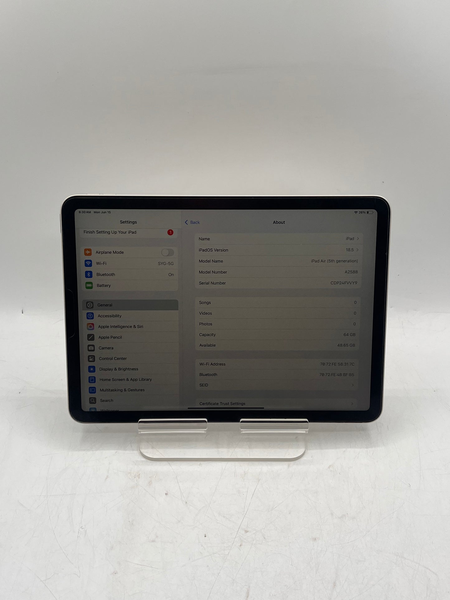 Apple iPad Air 5th Gen A2588 MM9F3LL/A 64GB Wi-Fi Only Silver