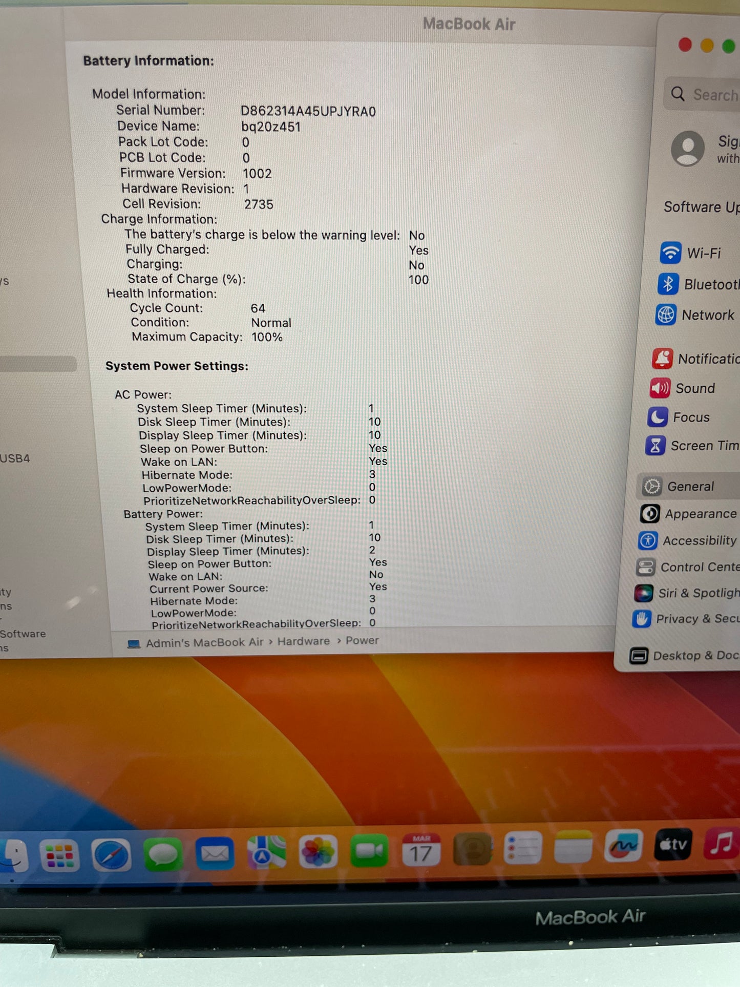 Apple 2020 MacBook Air A2337 M1 8GB RAM 256GB SSD Silver Cycle Count 64 with Apple Care Plus