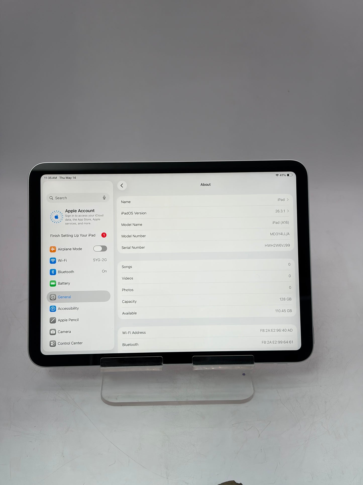 2025 Apple iPad (11th Gen) A3354 128GB Wi‑Fi Only Silver 100% Battery Health