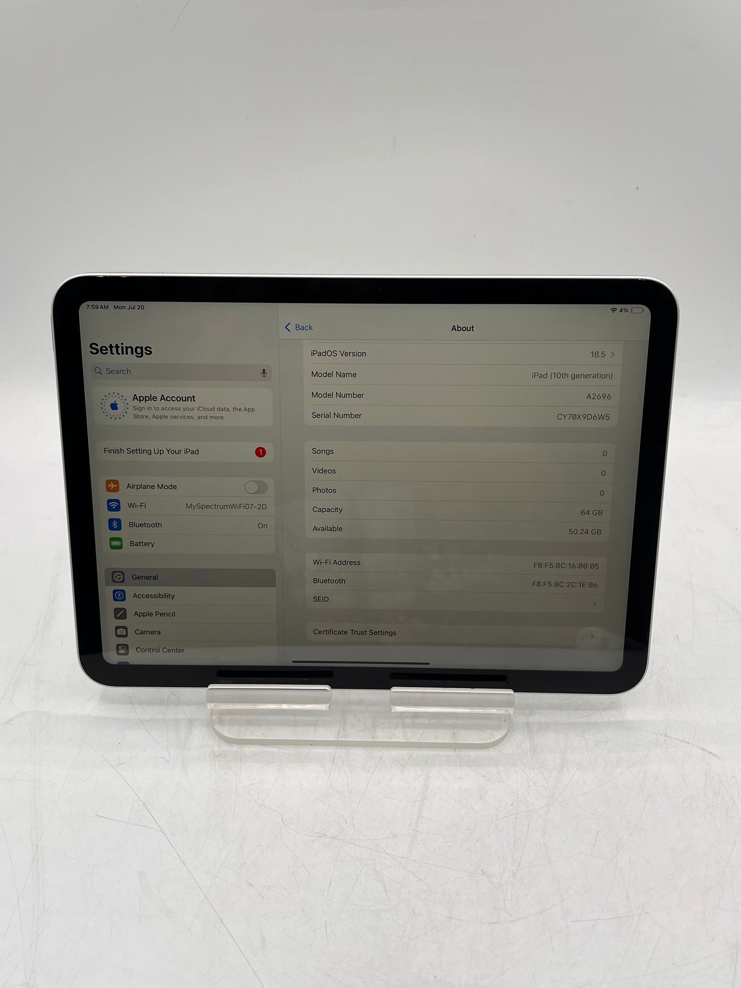 2022 Apple iPad 10th Gen A2696 MPQ03LL/A 64GB Wi‑Fi Only Tablet - Silver