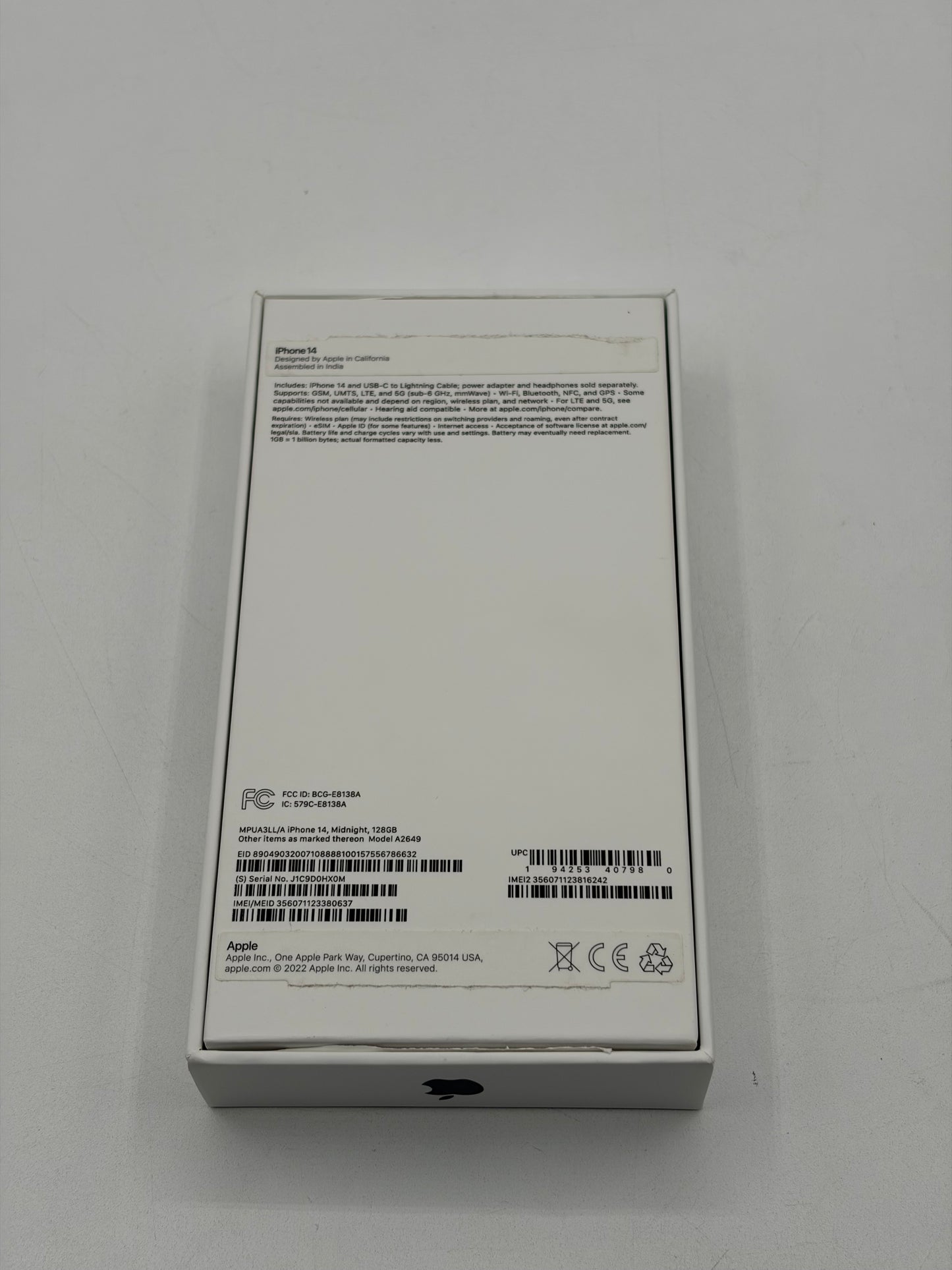 Unlocked Apple iPhone 14 128GB - A2649 MPUA3LL/A Midnight 100% Battery Near Mint