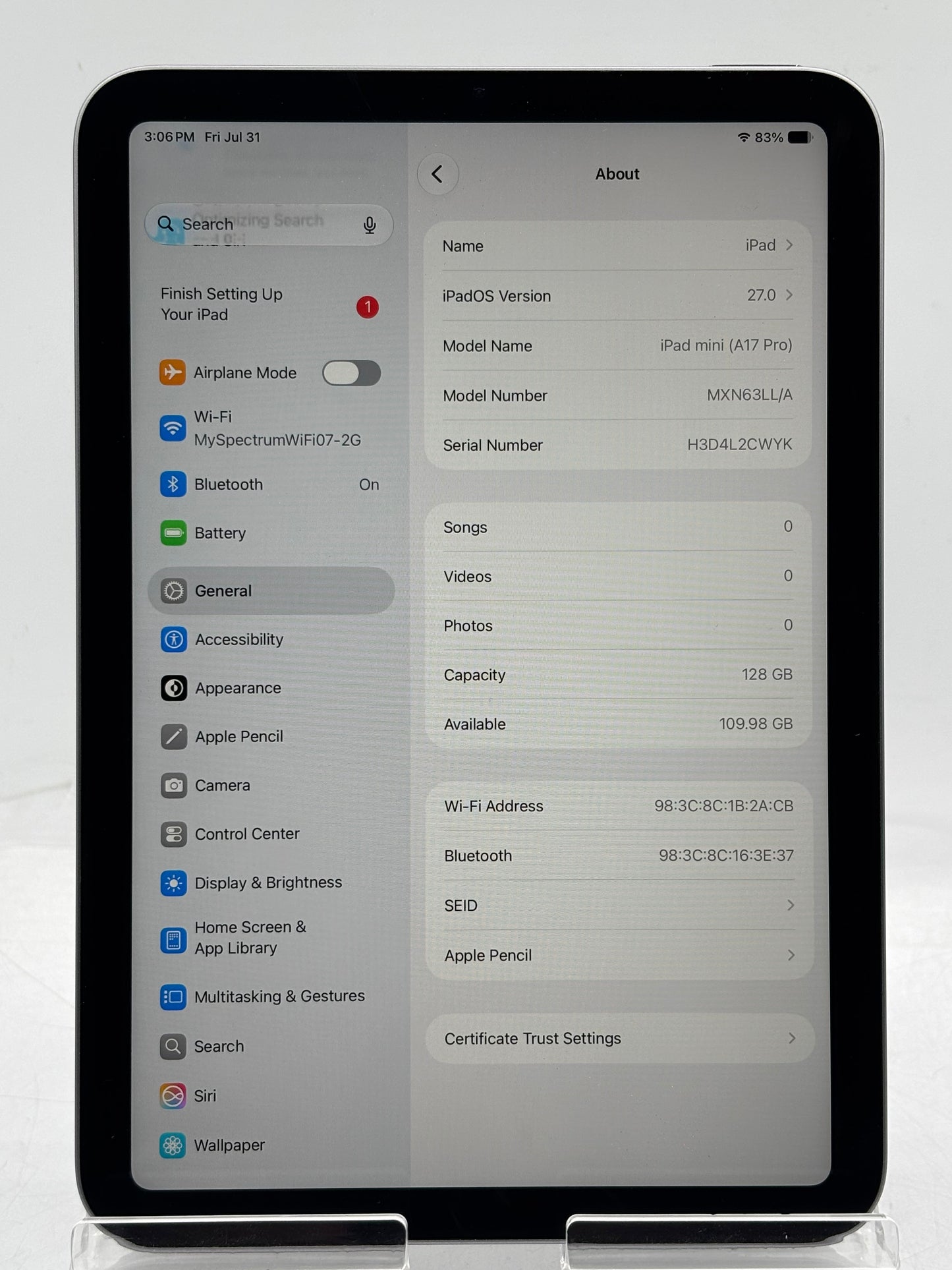 Apple iPad Mini 7th Gen A2993 128GB Wi-Fi Only Space Gray 64 Cycle Count