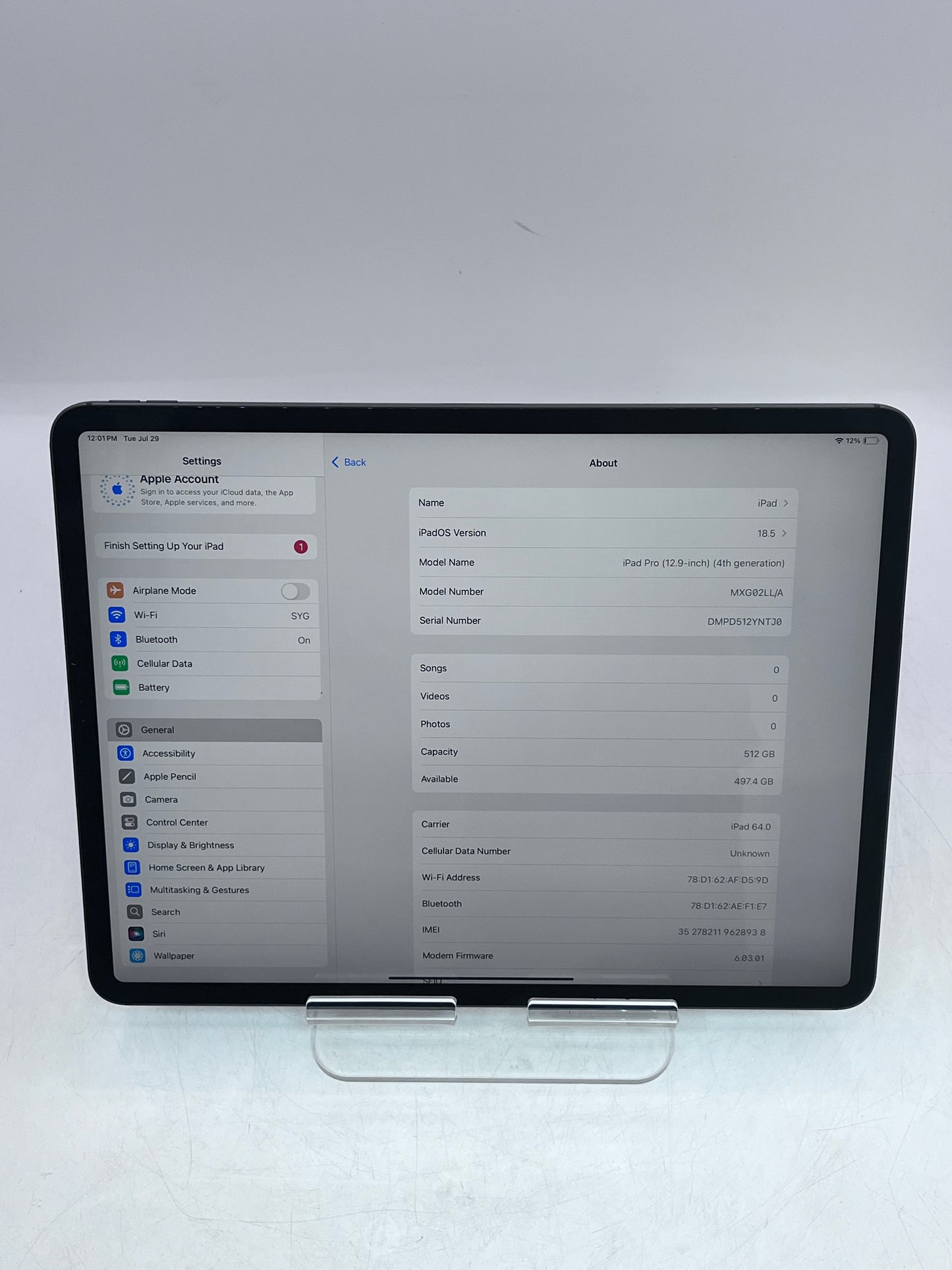 Apple iPad Pro (4th Gen, 12.9-inch) 512GB A2069 MXG02LL/A Unlocked  Space Gray