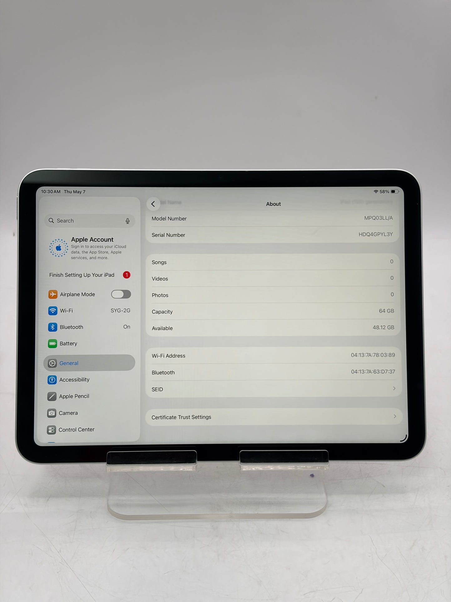 Wi‑Fi Only 2022 Apple iPad 10th Gen 64GB A2696 MPQ03LL/A 10.9" Tablet Silver