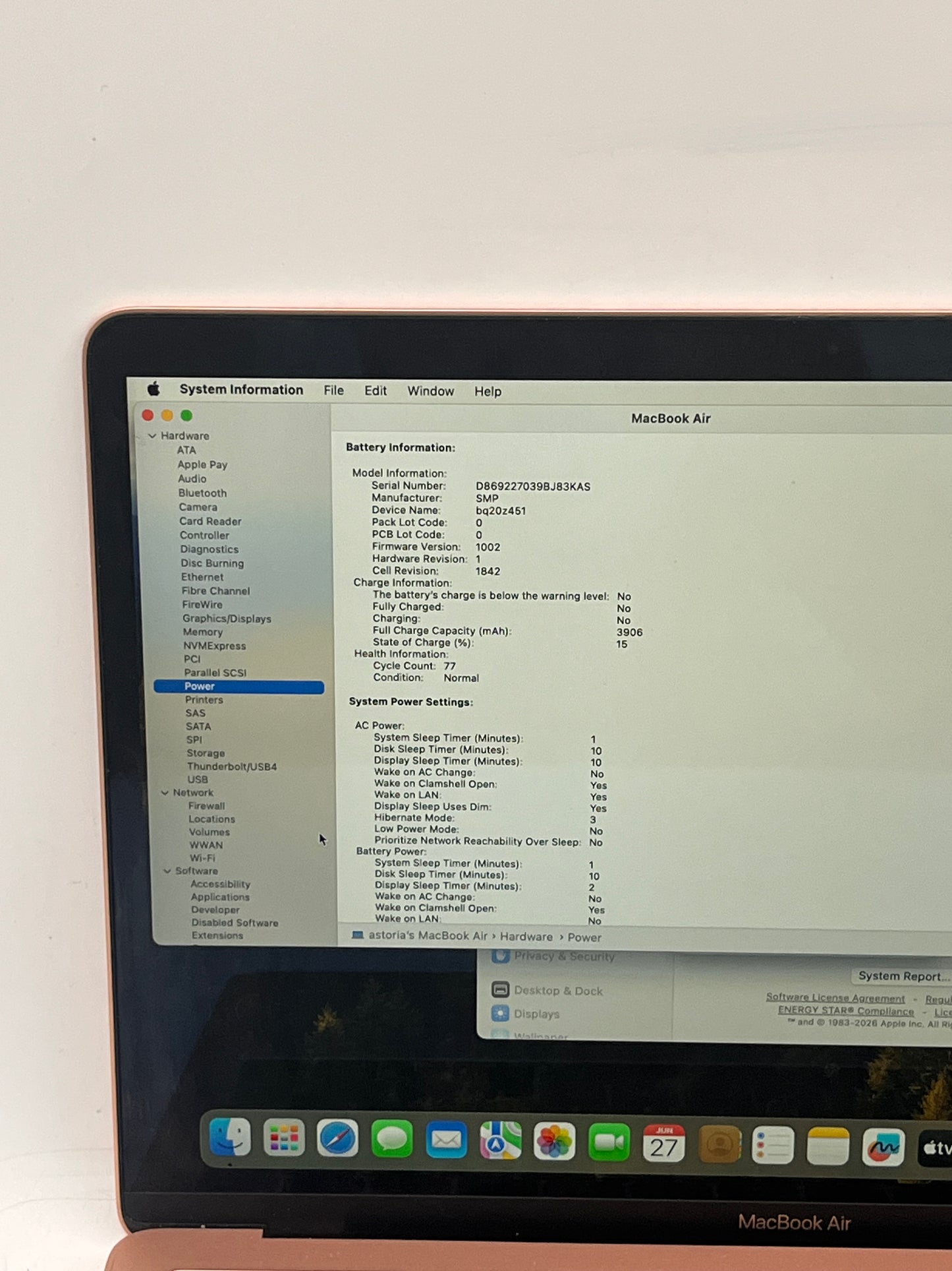 2019 Apple MacBook Air 13.3" i5 1.6GHz 8GB RAM 128GB SSD Rose Gold A1932 77 Cycle Count