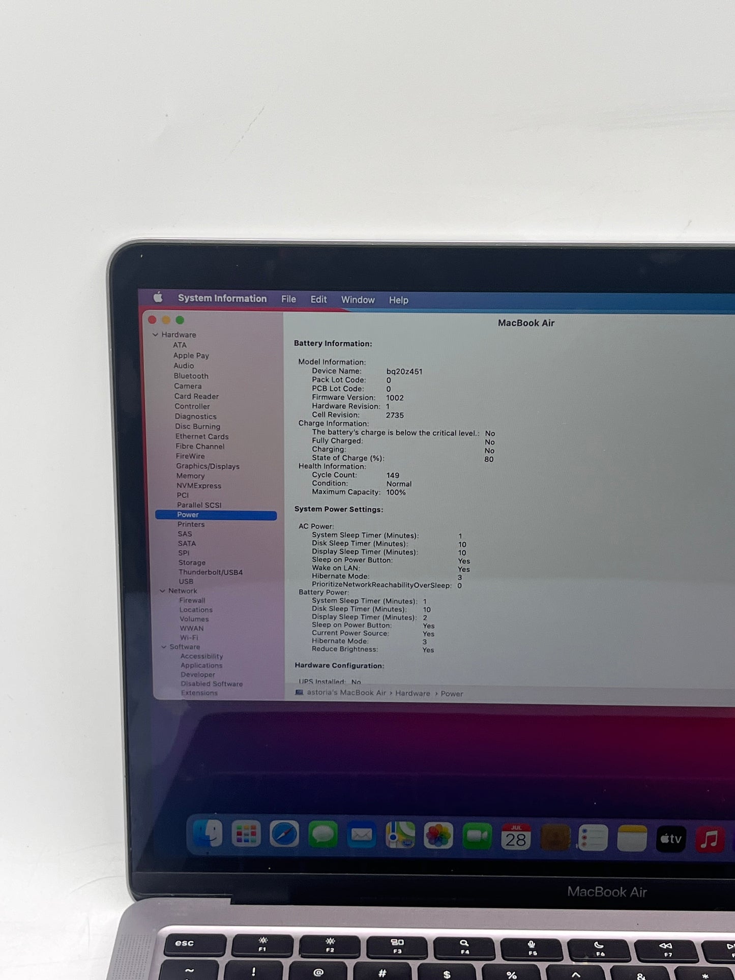 2020 Apple MacBook Air 13' M1 8GB 256GB A2337 MGN63LL/A Space Gray 149 Cycle Count