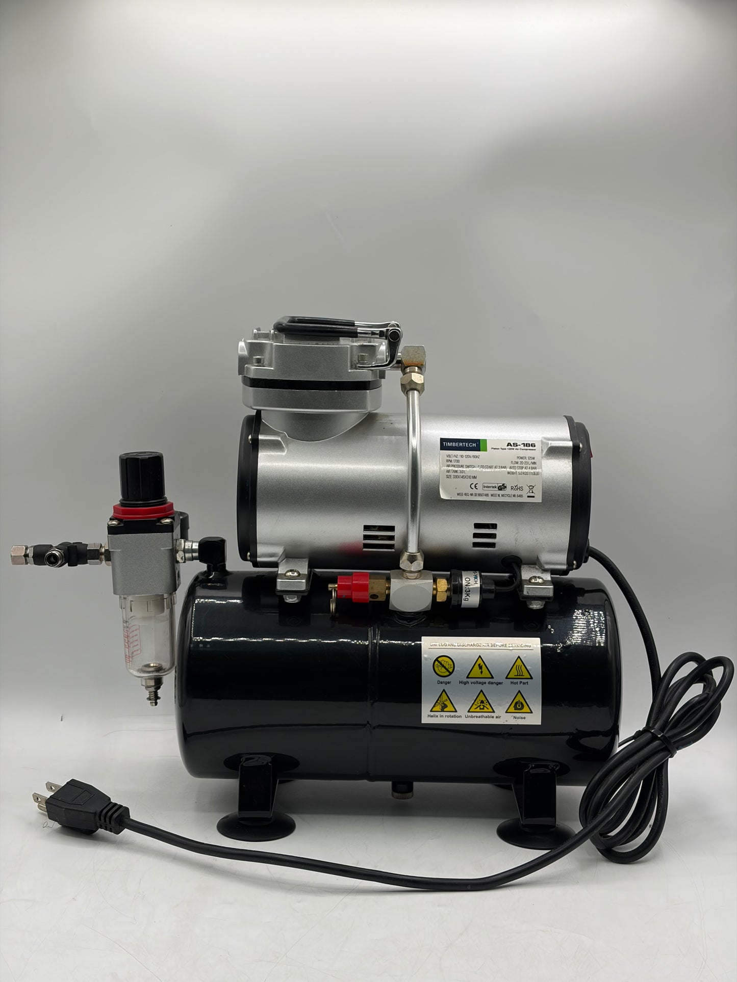 Timbertech AS-186 Piston Type 125W High-Performance Airbrush Compressor