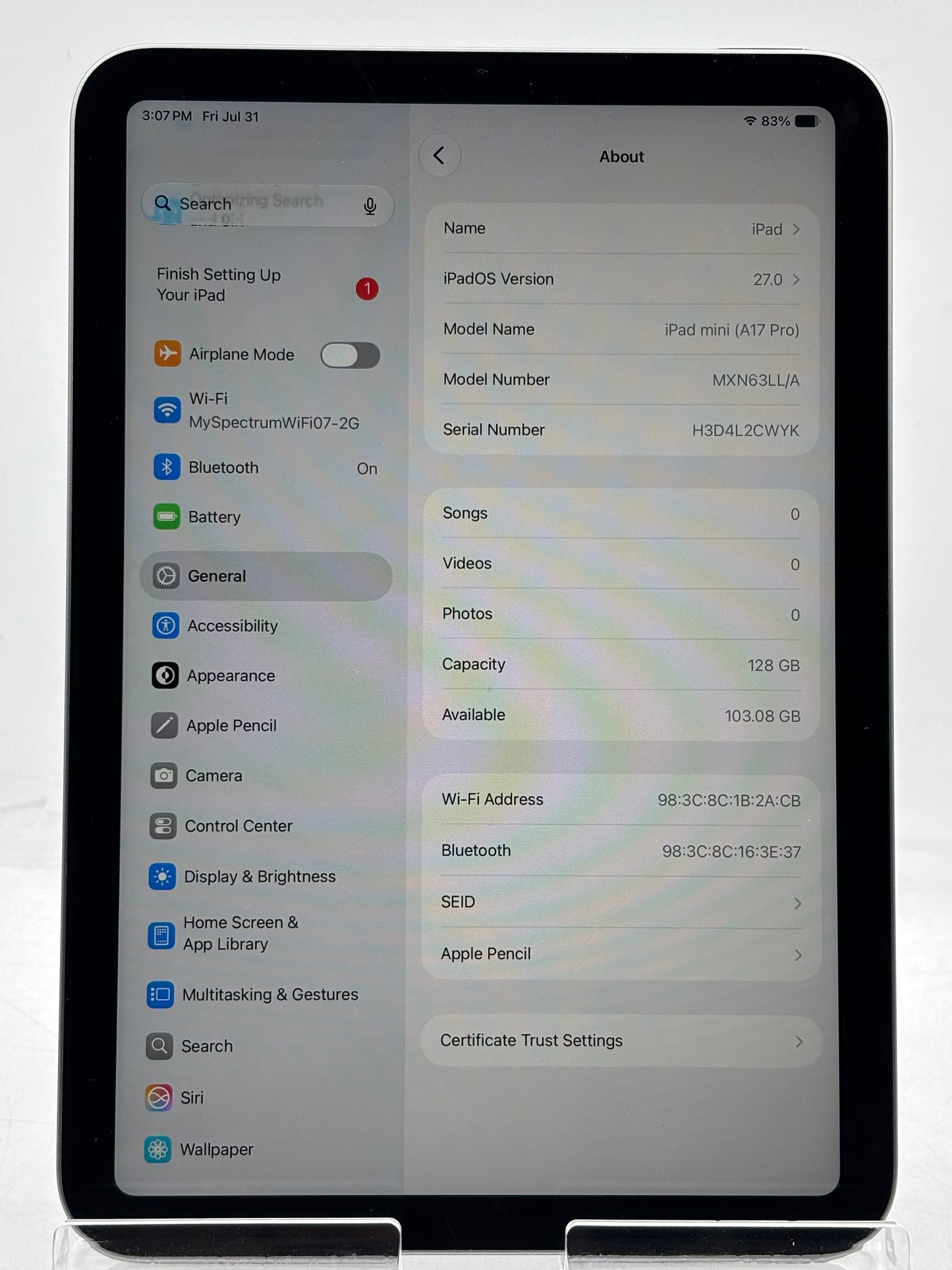 Apple iPad Mini 7th Gen A2993 128GB Wi-Fi Only Space Gray 64 Cycle Count