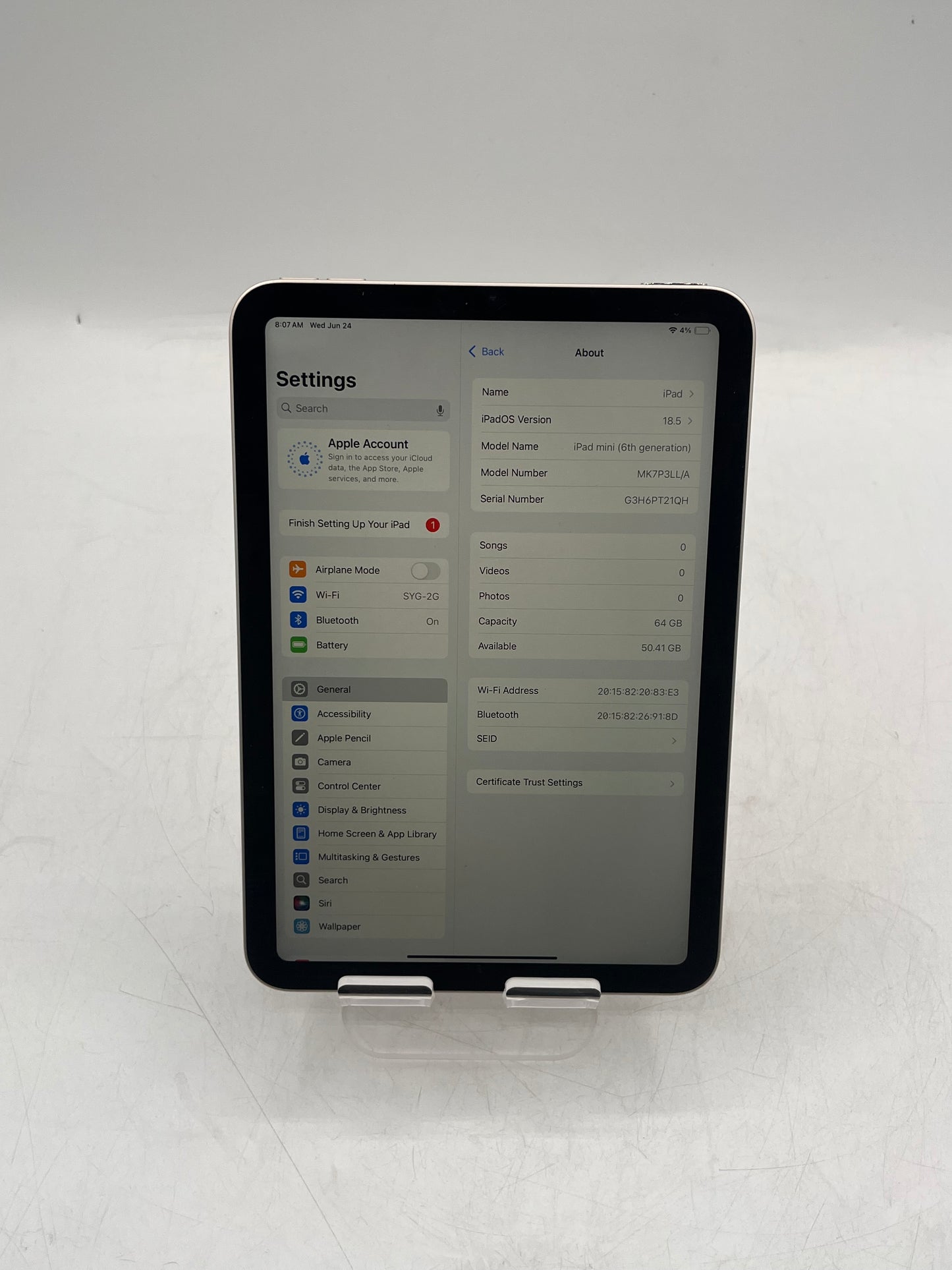 2021  Apple iPad Mini (6th Gen) A2567 MK7P3LL/A 64GB Wi-Fi Only Tablet - Silver