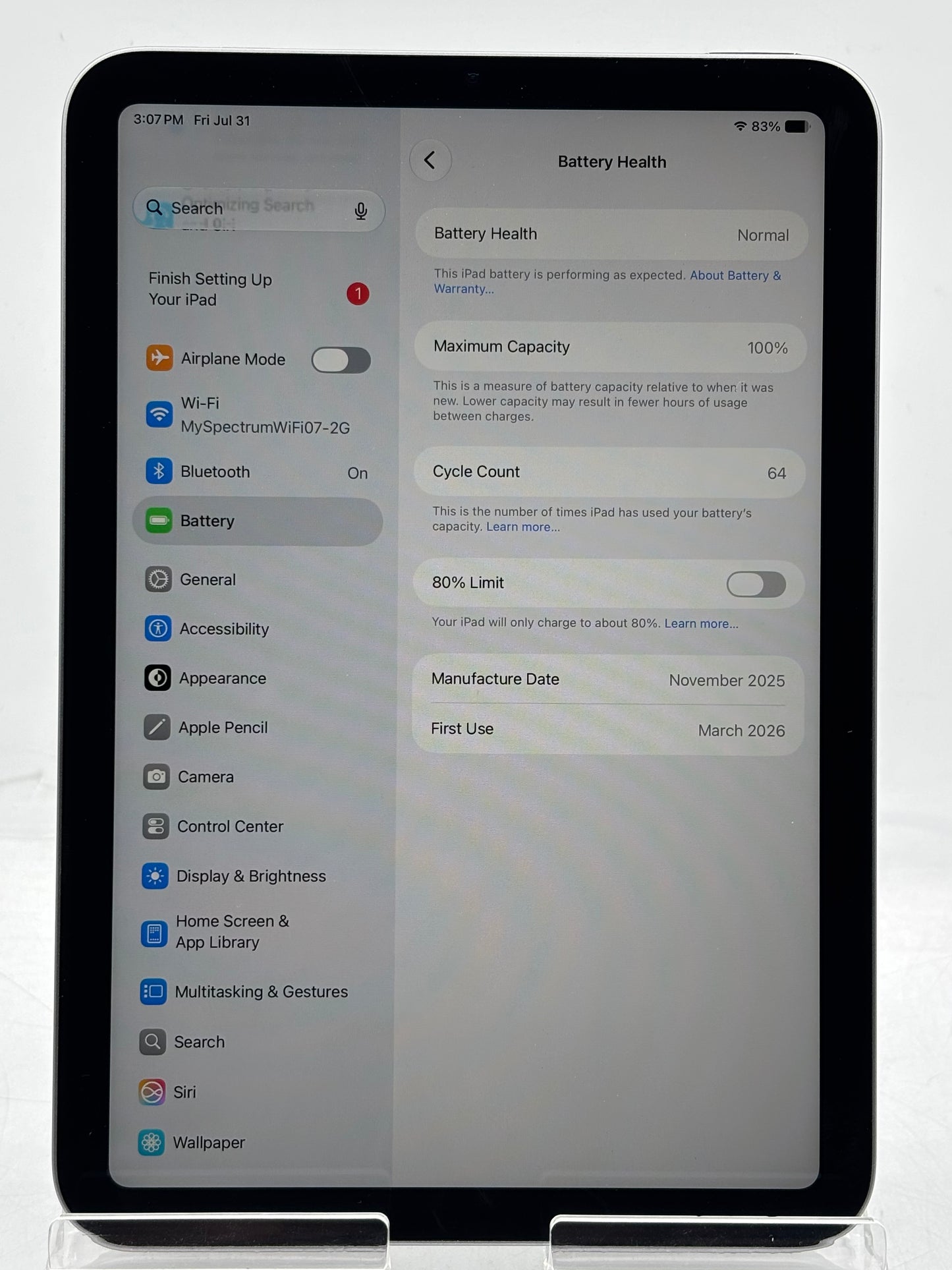 Apple iPad Mini 7th Gen A2993 128GB Wi-Fi Only Space Gray 64 Cycle Count