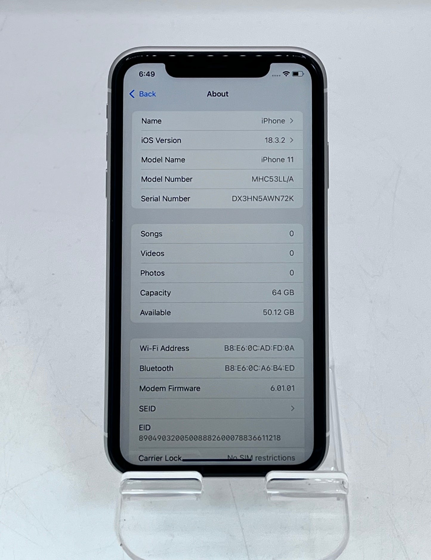 Unlocked Apple iPhone 11 64 GB A2111 MHC53LL/A White 97% Battery
