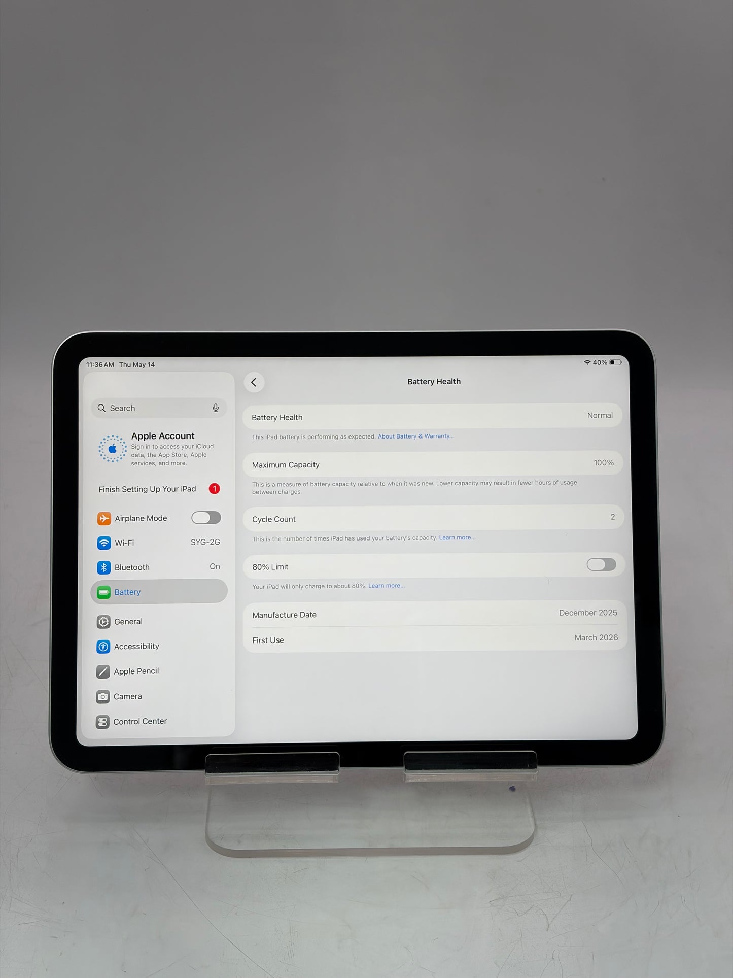 2025 Apple iPad (11th Gen) A3354 128GB Wi‑Fi Only Silver 100% Battery Health