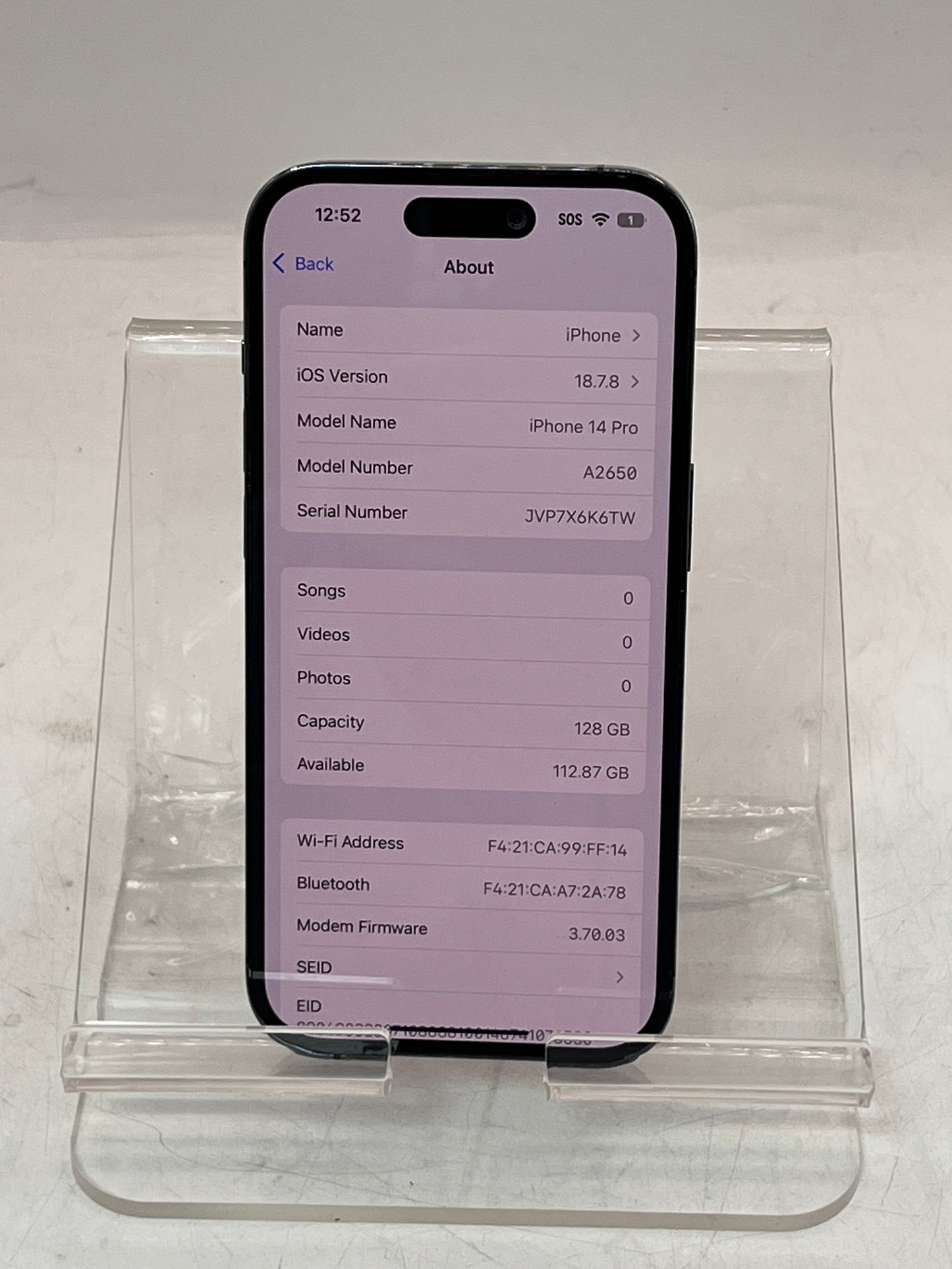 Unlocked Apple iPhone 14 Pro MQ0E3LL/A A2650 128GB Purple  83% BATT