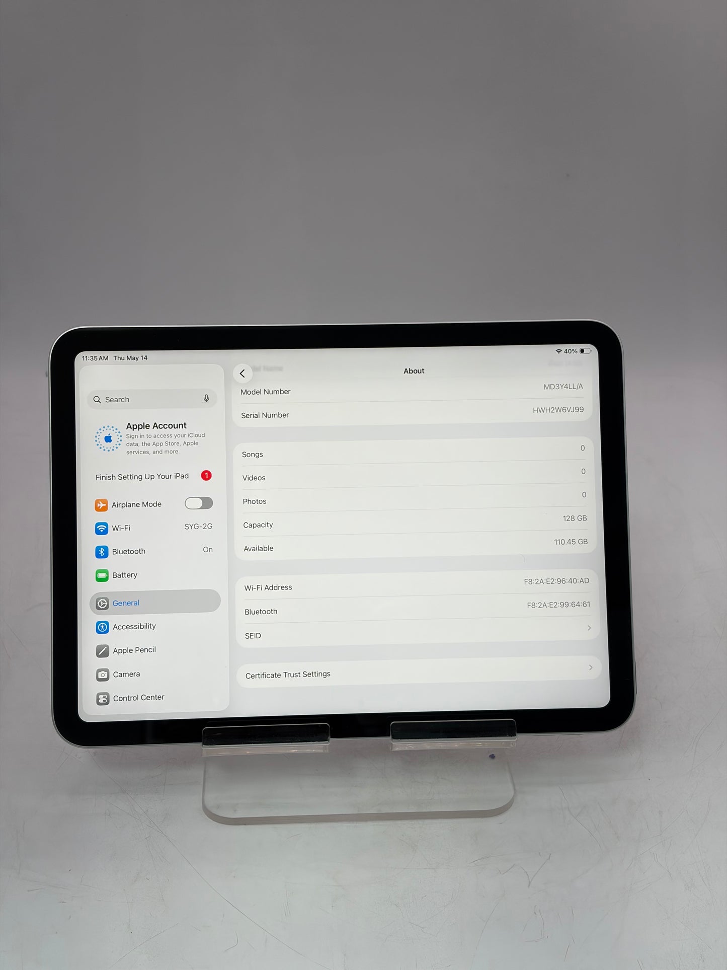 2025 Apple iPad (11th Gen) A3354 128GB Wi‑Fi Only Silver 100% Battery Health