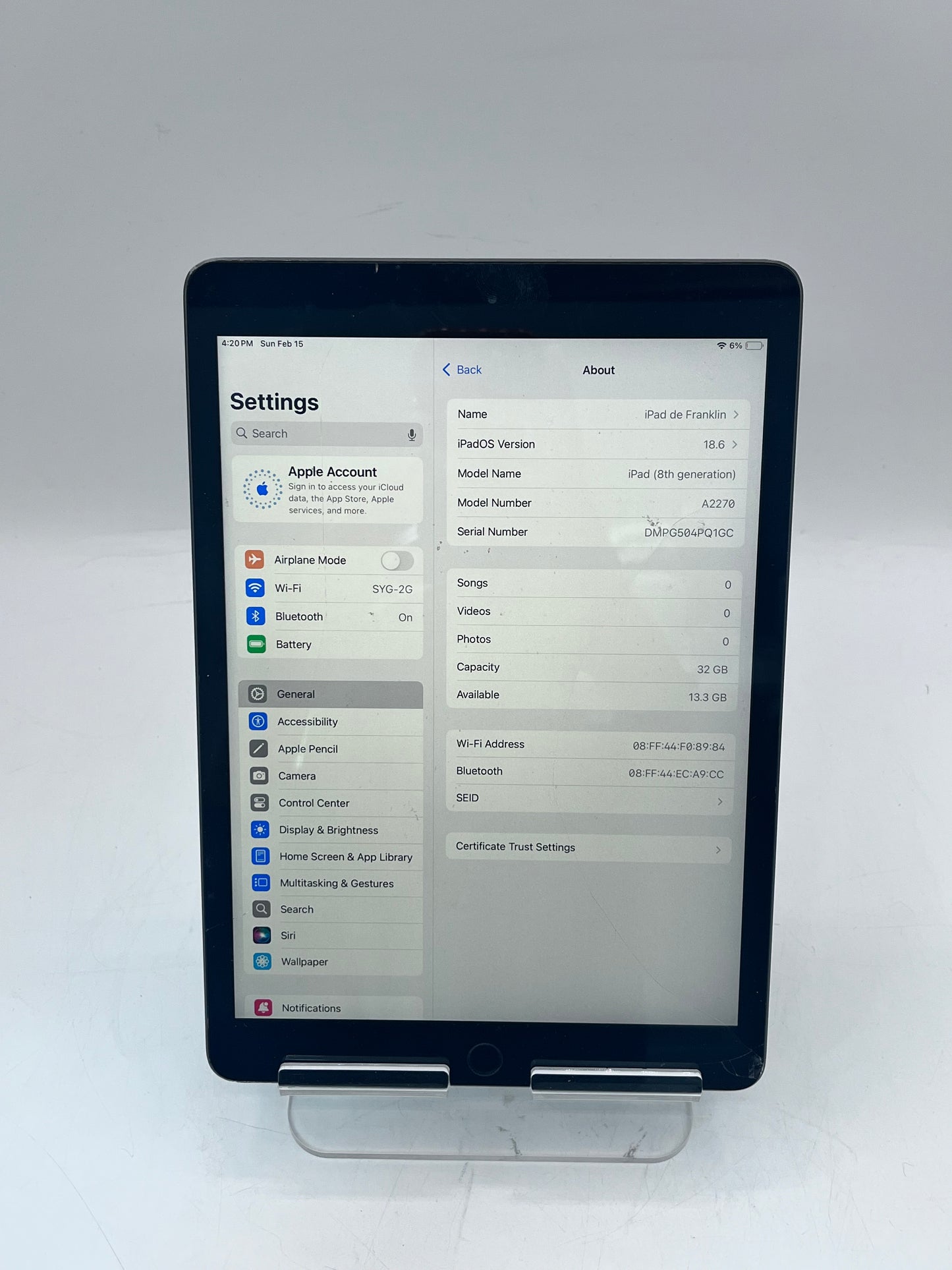 Apple iPad 8th Gen 32GB Wi-Fi Only A2270 MYL92LL/A Space Gray