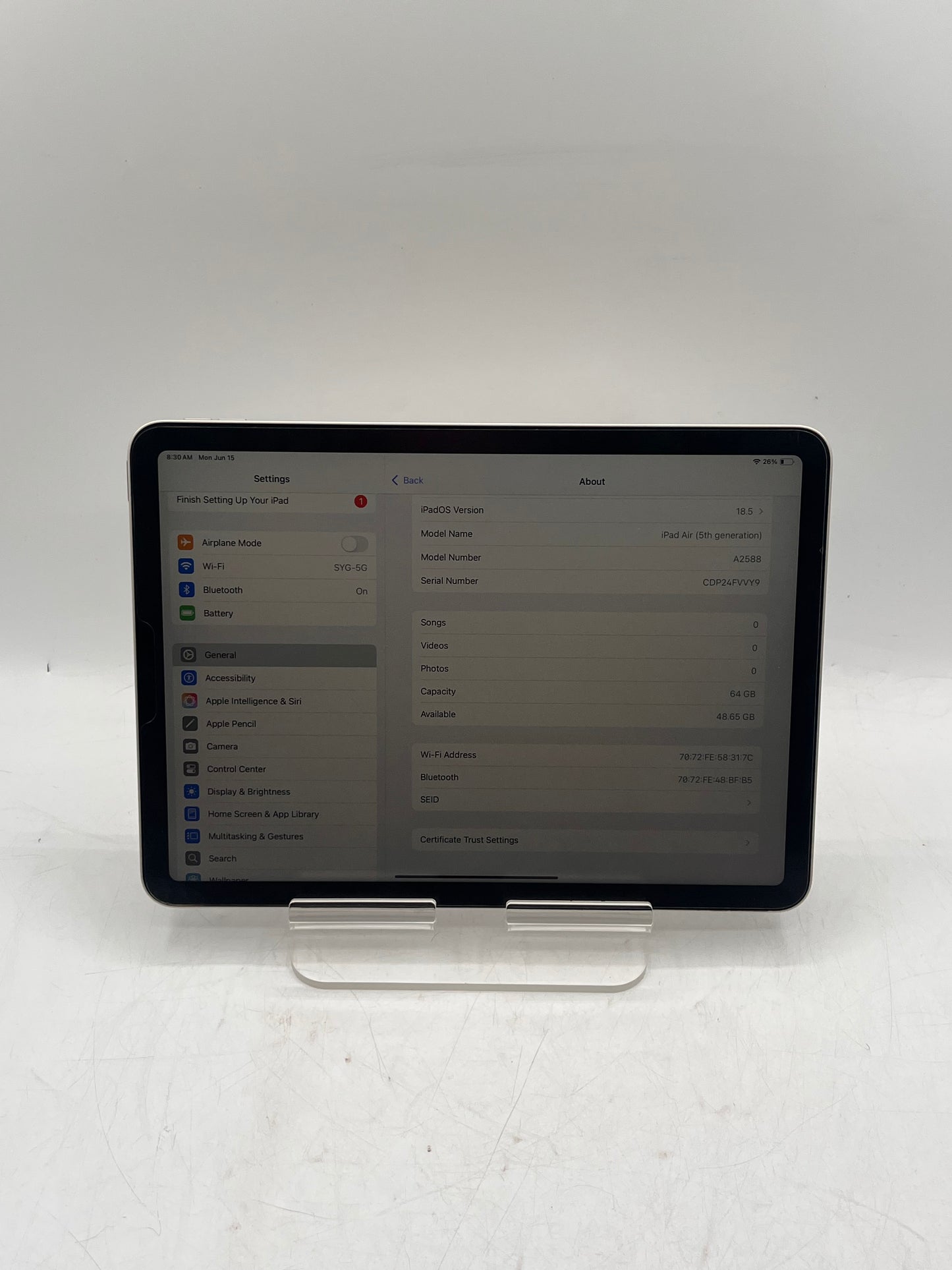Apple iPad Air 5th Gen A2588 MM9F3LL/A 64GB Wi-Fi Only Silver