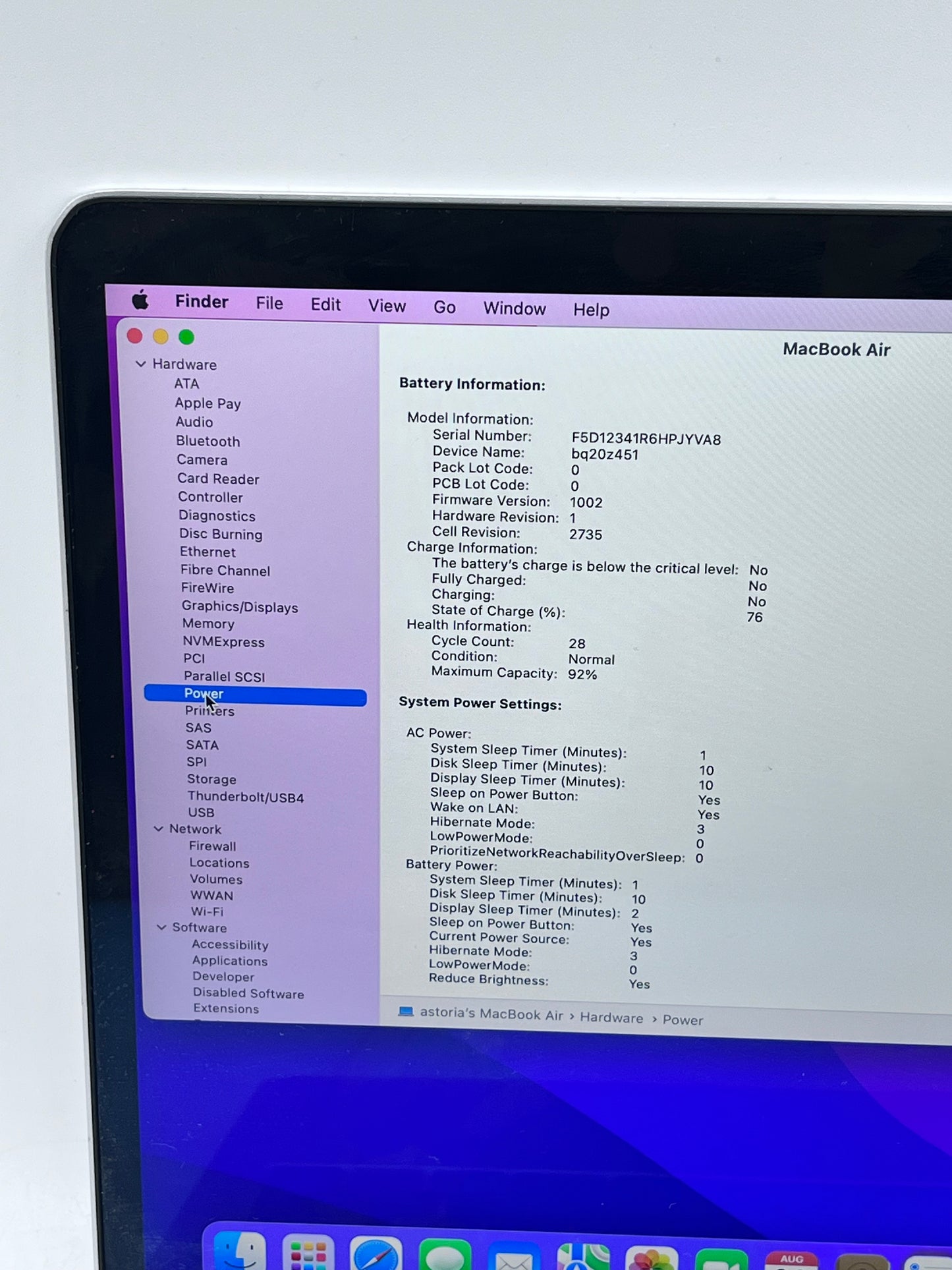 2020 Apple MacBook Air 13.3" M1  8GB 256GB A2337 MGN93LL/A Remotely Managed