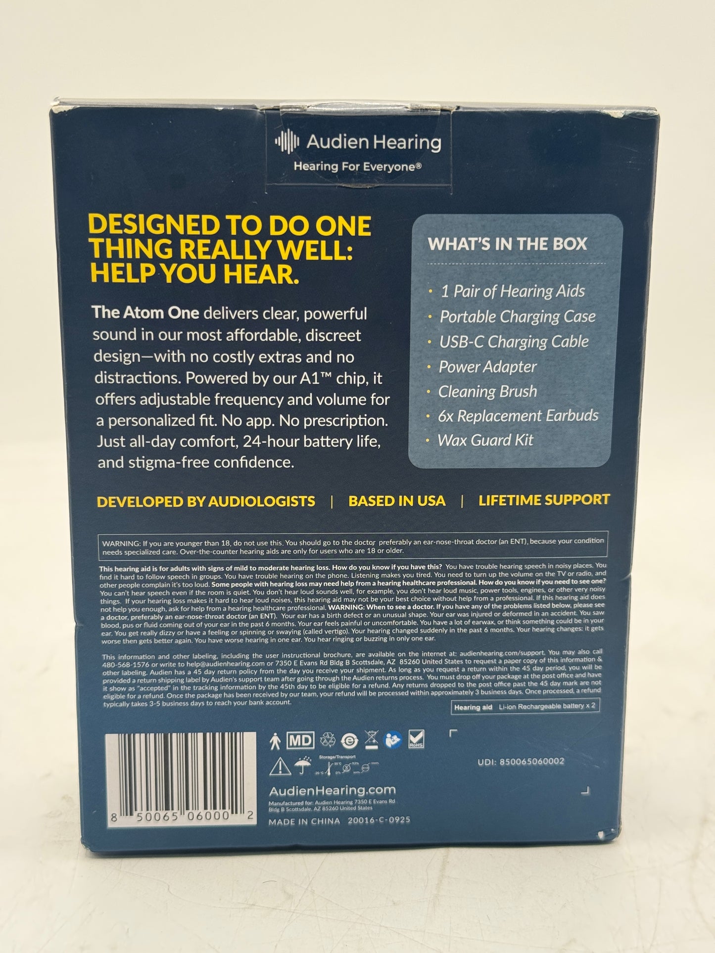 NEW Audien Hearing ATOM one 1 Wireless Rechargeable OTC Hearing AIDS