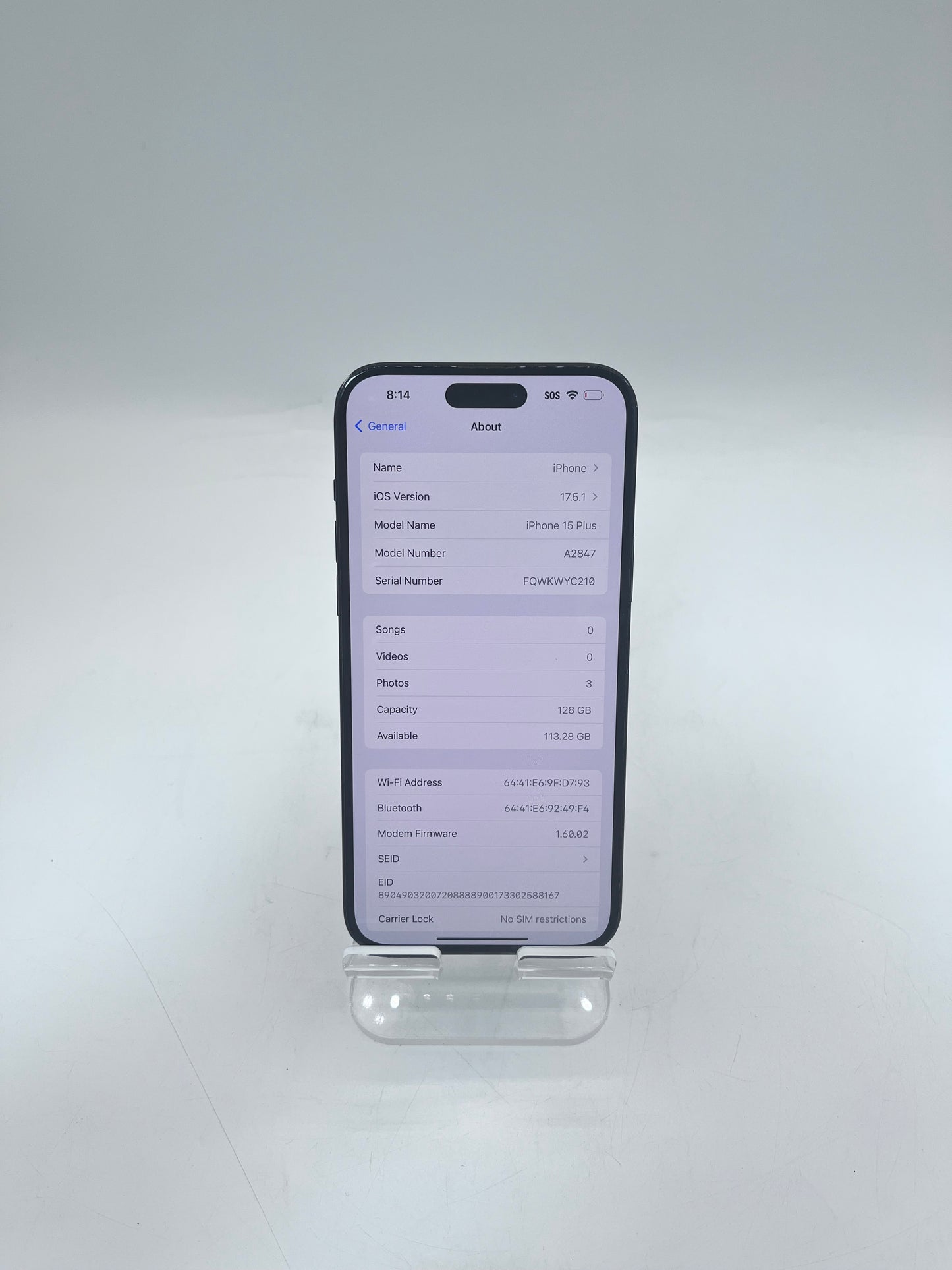 WIFI ONLY Apple iPhone 15 Plus 6.7" 128GB A2847 MTXR3LL/A A2847 87% BH READ