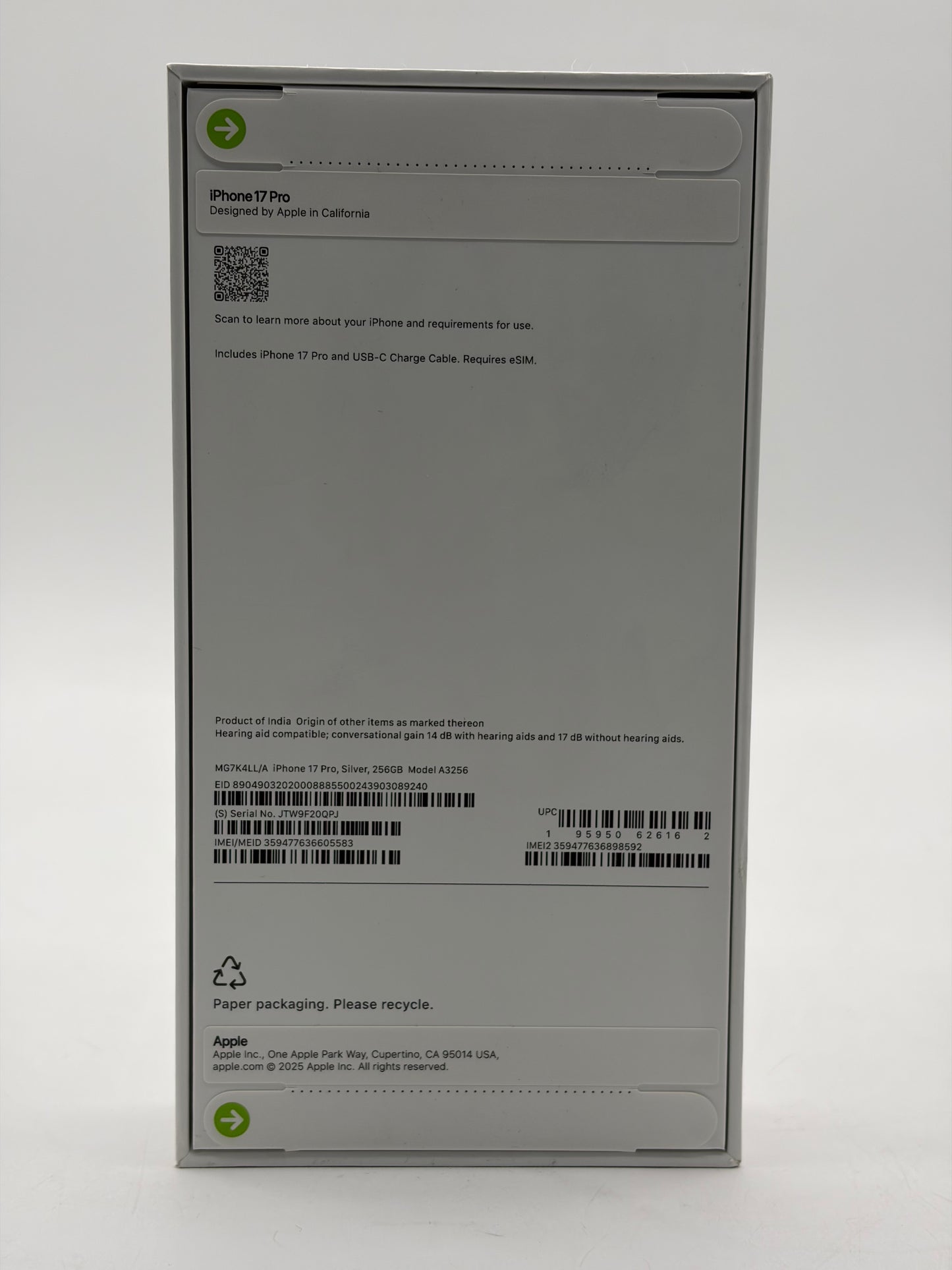 Unlocked Apple iPhone 17 Pro 256GB A3256 MG7K4LL/A - Silver - New in Box SEALED