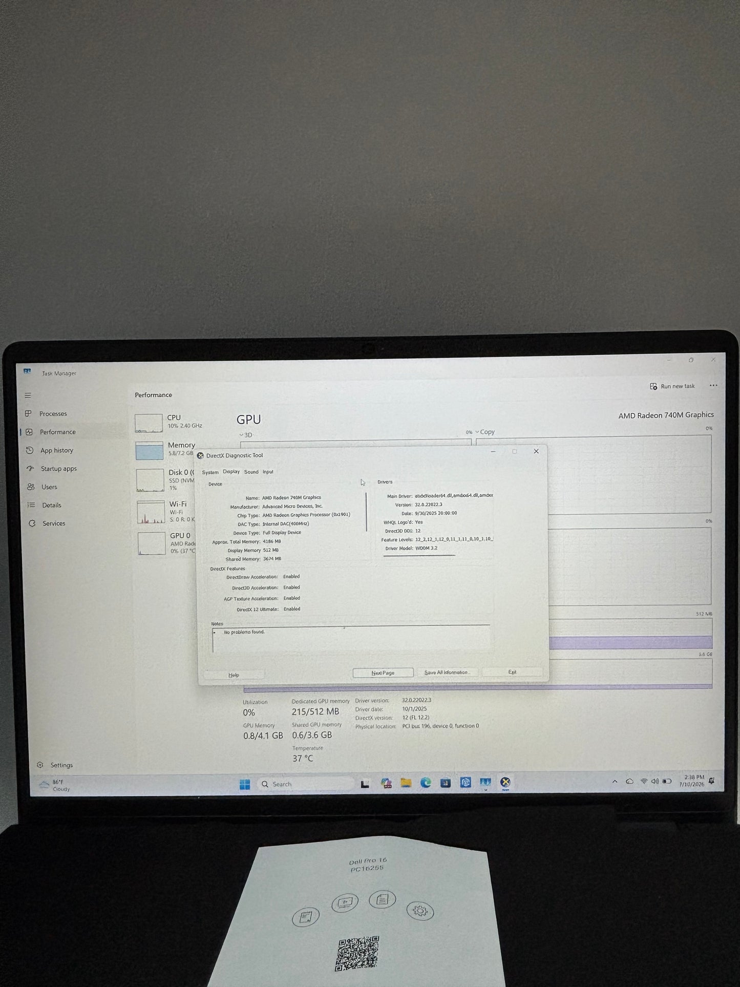 Dell Pro 16 PC16255 AMD Ryzen 5 220 8GB 256GB SSD Black Excellent Condition
