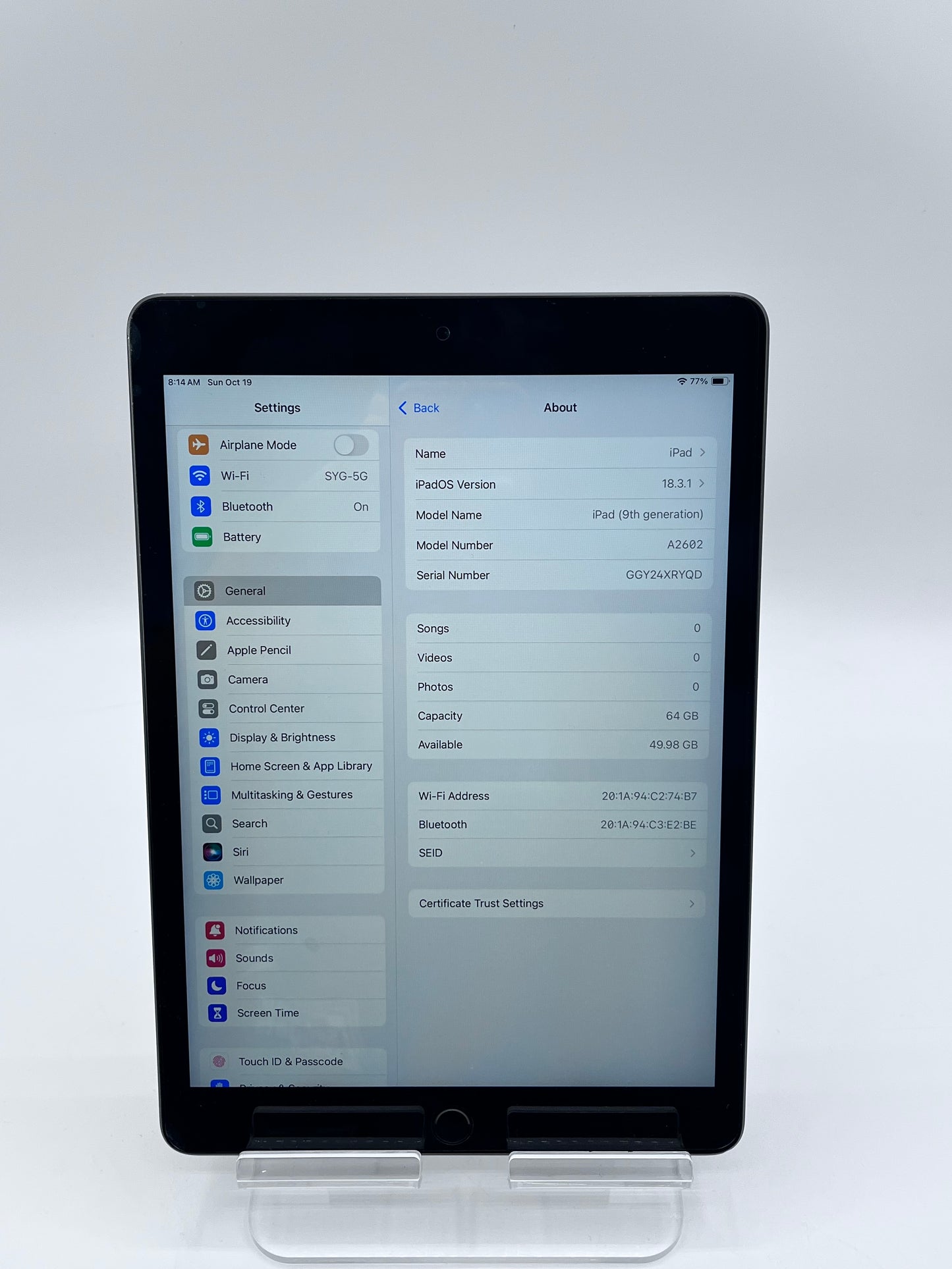 WiFi Only Apple iPad 9th Gen 64GB  MK2K3LL/A A2602 - Space Gray