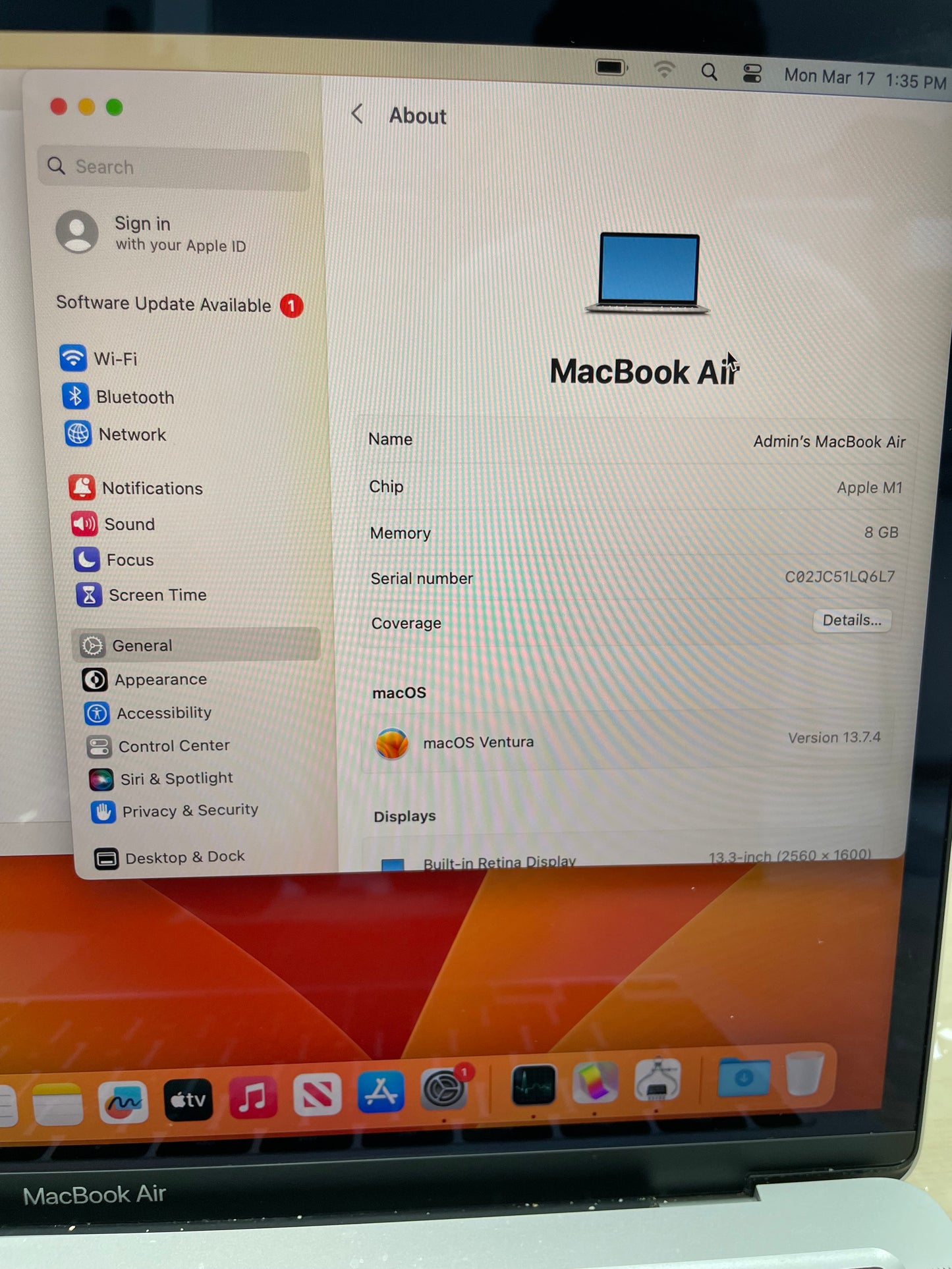 Apple 2020 MacBook Air A2337 M1 8GB RAM 256GB SSD Silver Cycle Count 64 with Apple Care Plus