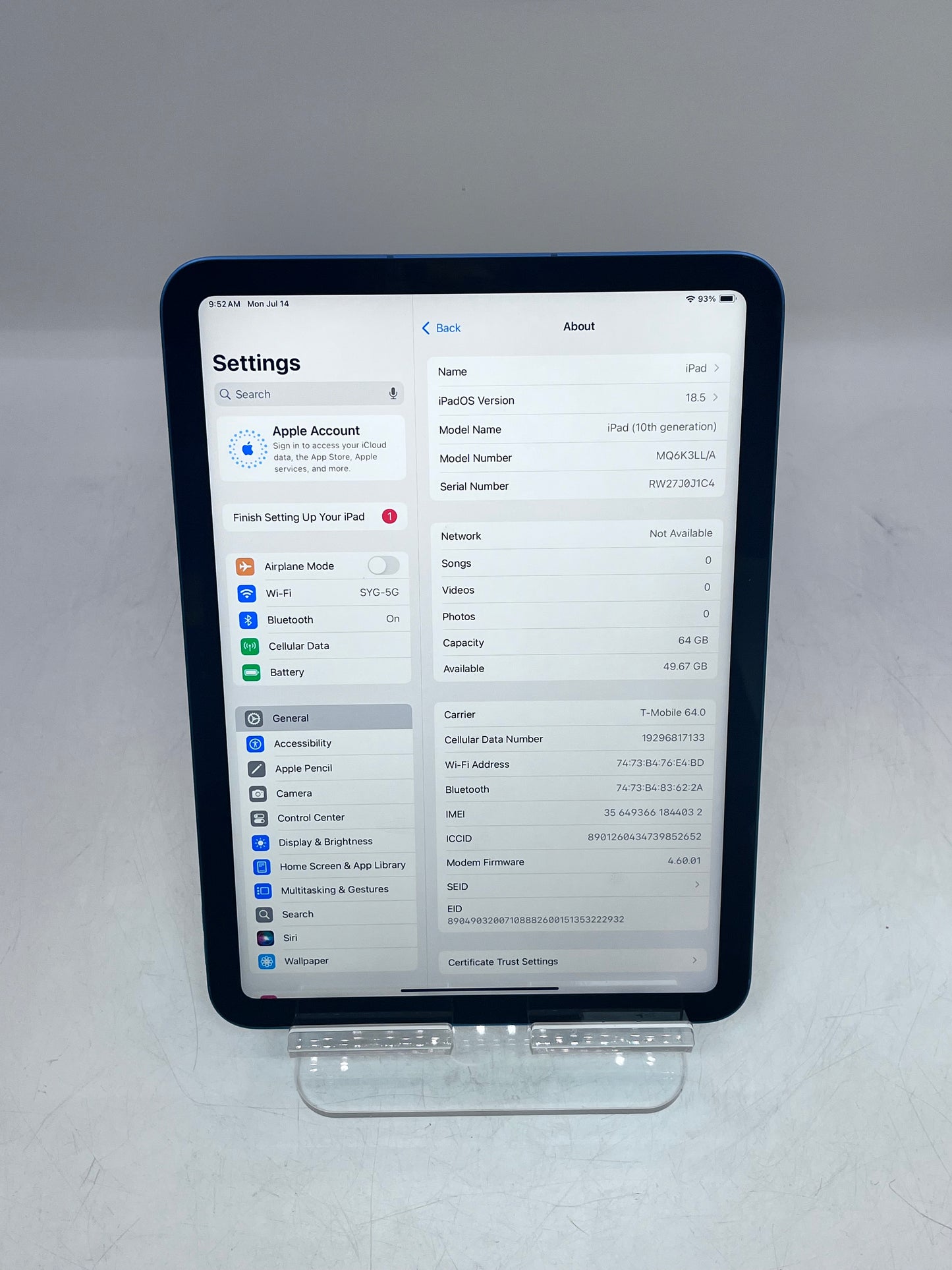Unlocked Apple iPad (10th Gen) 64GB - A2757 MQ6K3LL/A 2022 - Blue