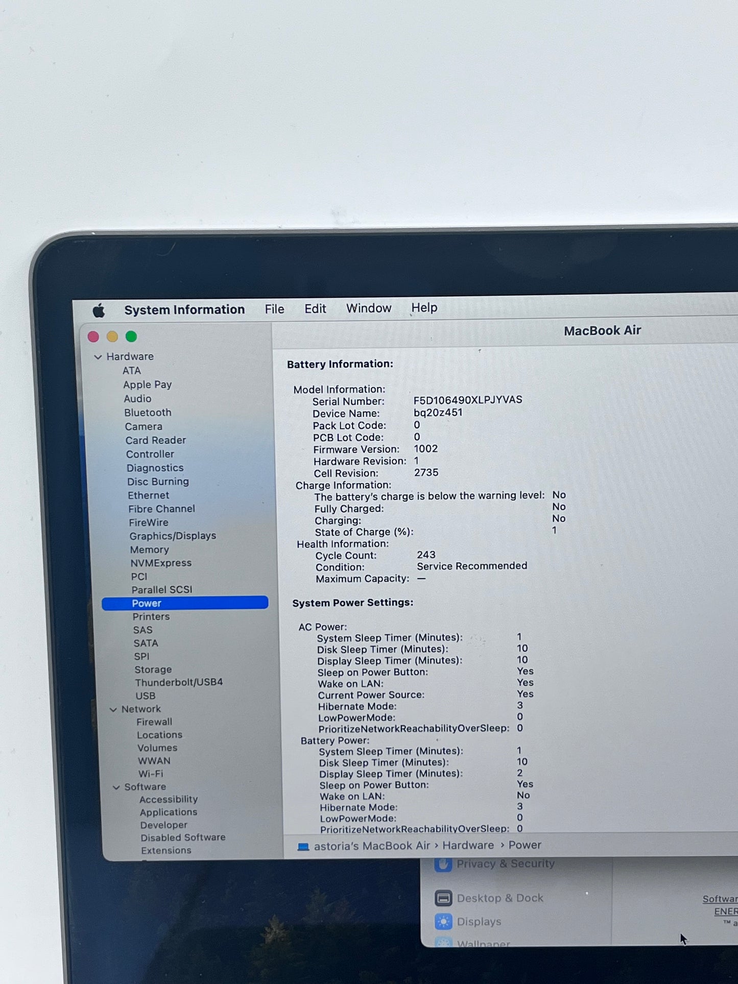 2020 Apple MacBook Air 13" M1 A2337 8GB 256GB - Space Gray Bad Battery
