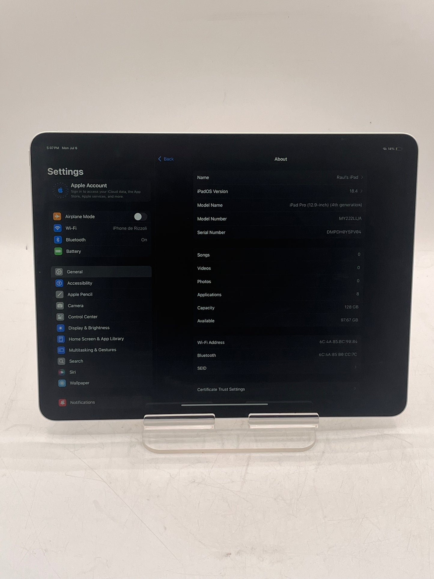 Wi-Fi Only Apple iPad Pro 12.9" (4th Gen) 128GB A2229 MY2J2LL/A Silver