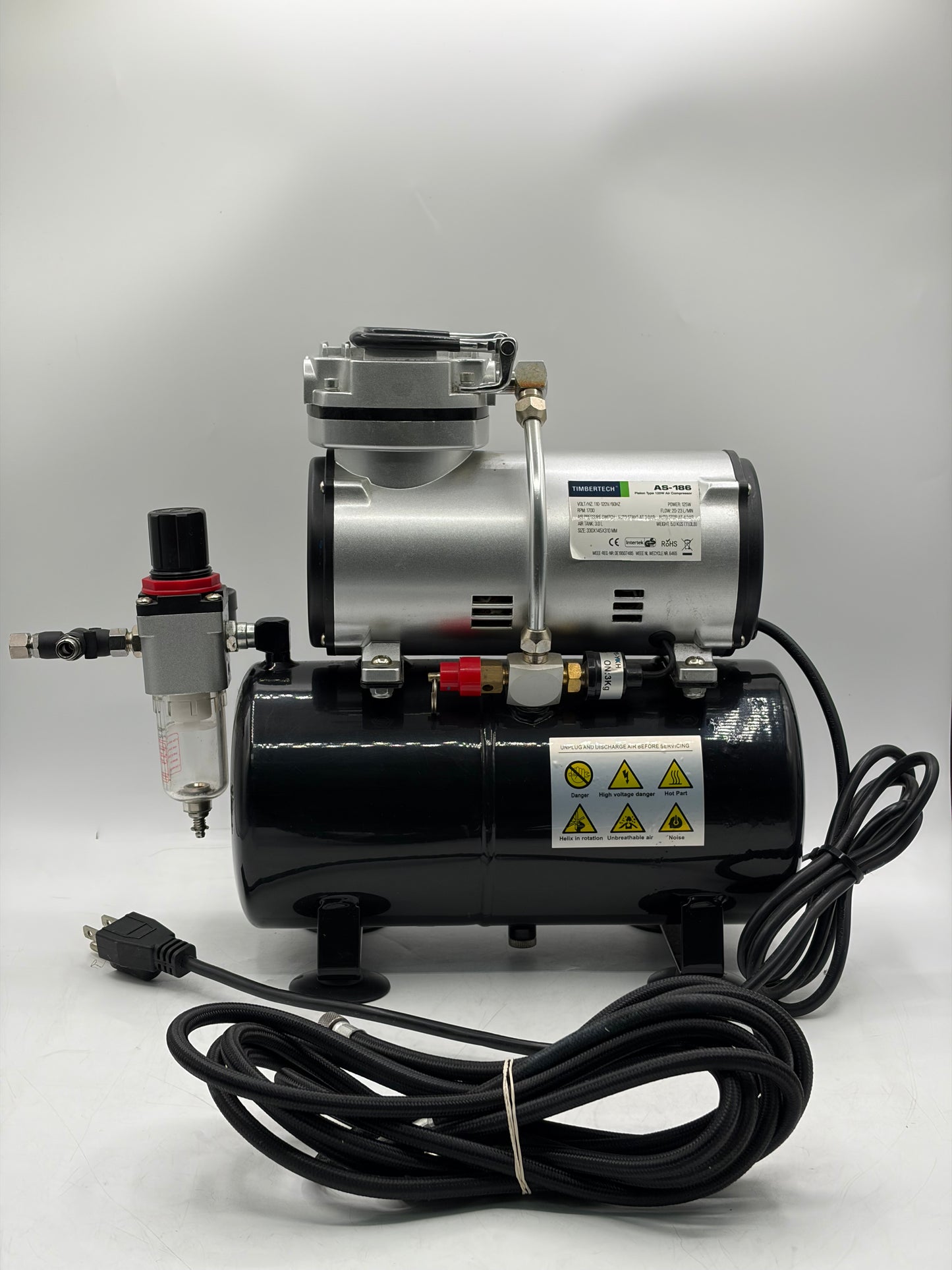 Timbertech AS-186 Piston Type 125W High-Performance Airbrush Compressor